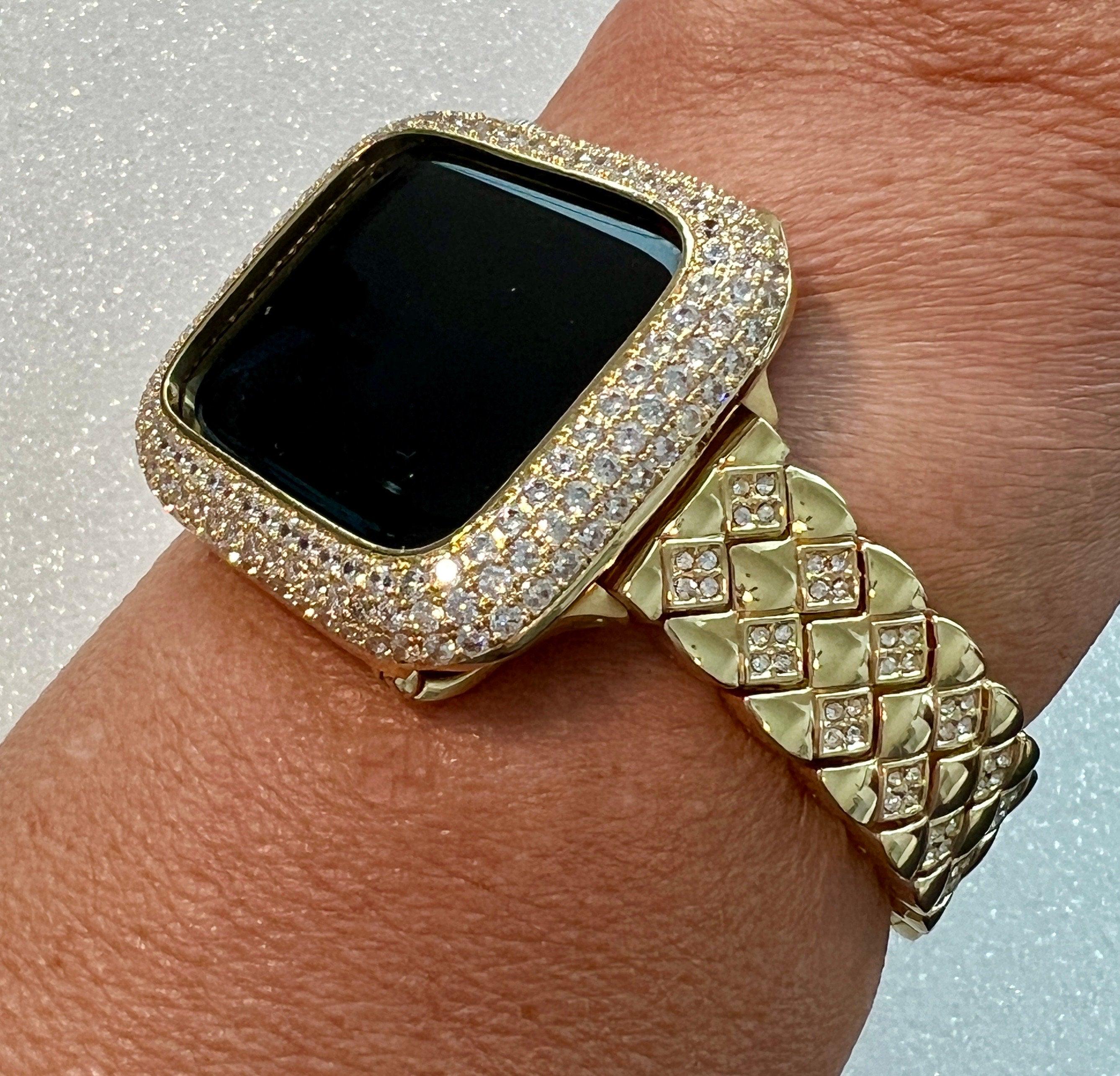 Gold Apple Watch Band 41mm 45mm 49mm Ultra Crystals & or Apple Watch Case Lab Diamond Bezel Apple Watch Cover 38mm 42mm 40mm 44mm