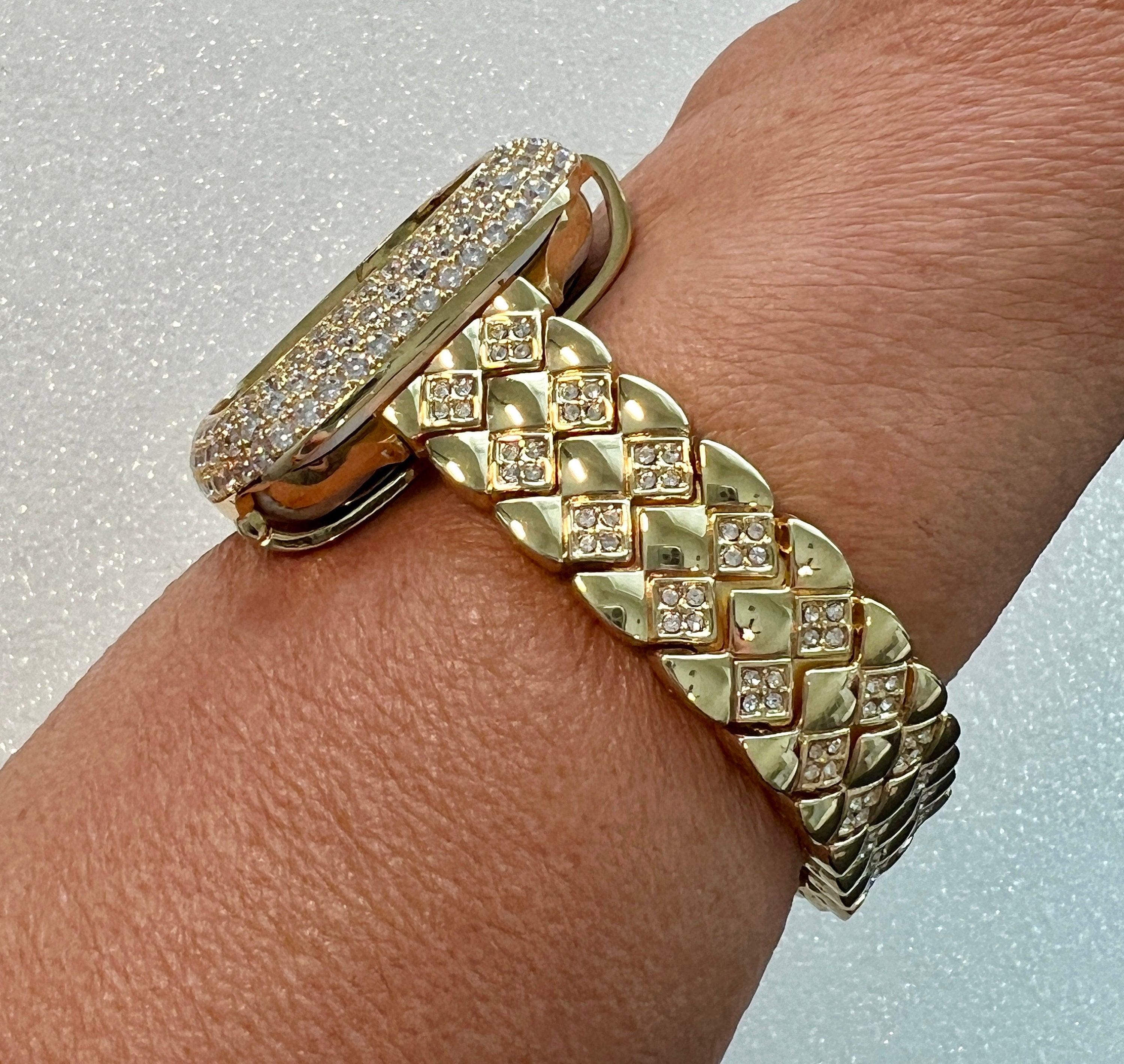 Gold Apple Watch Band 41mm 45mm 49mm Ultra Crystals & or Apple Watch Case Lab Diamond Bezel Apple Watch Cover 38mm 42mm 40mm 44mm