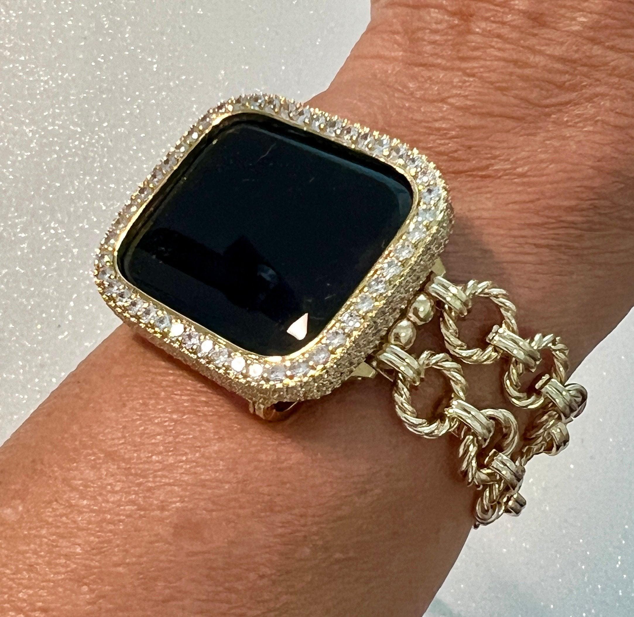 Gold Chain Apple Watch Band, Iphone Watch Bracelet & or Apple Watch Case Lab Diamond Bezel Iwatch Cover 39mm-49mm Ultra Series 2-9 SE