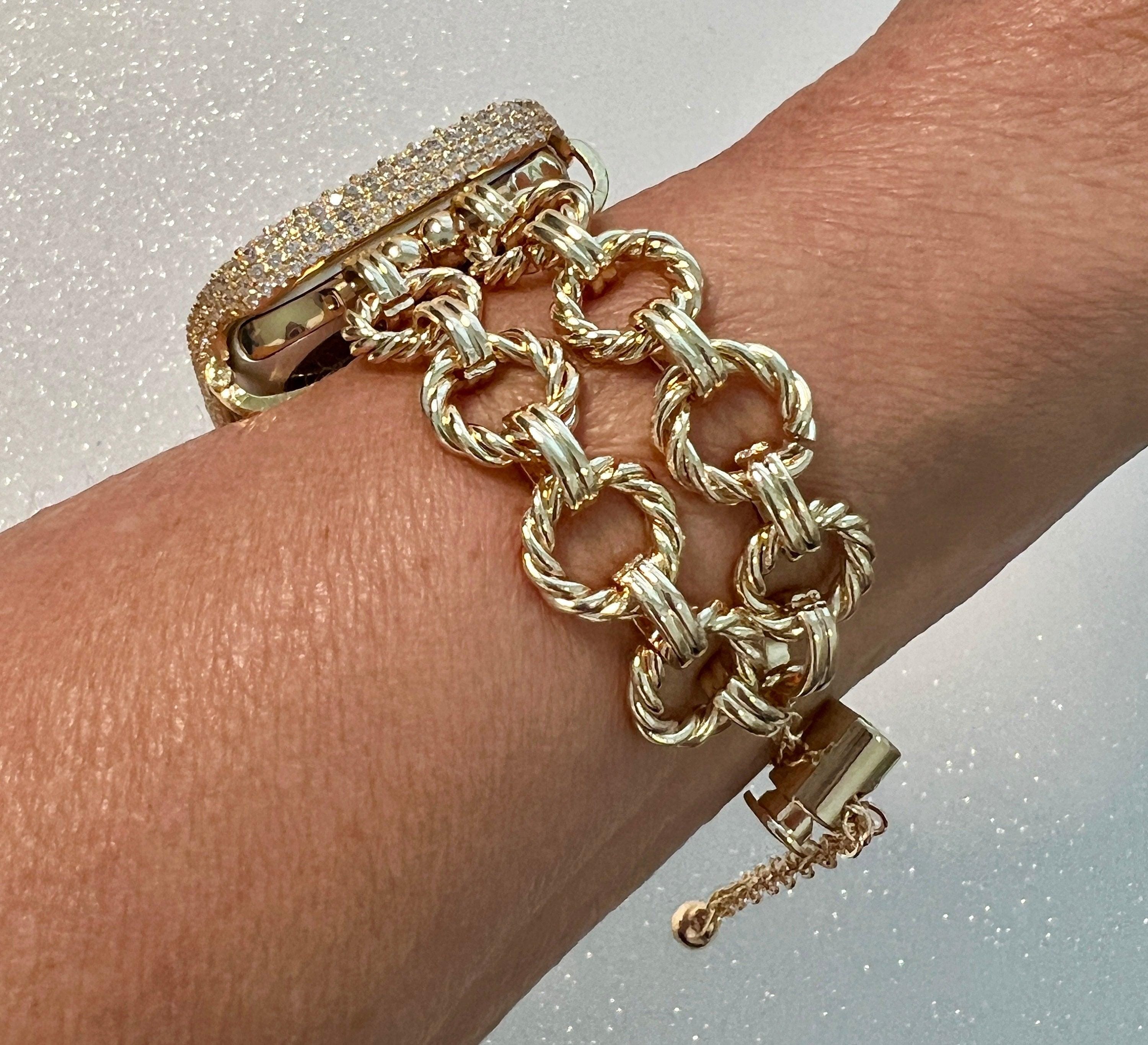 Gold Chain Apple Watch Band, Iphone Watch Bracelet & or Apple Watch Case Lab Diamond Bezel Iwatch Cover 39mm-49mm Ultra Series 2-9 SE