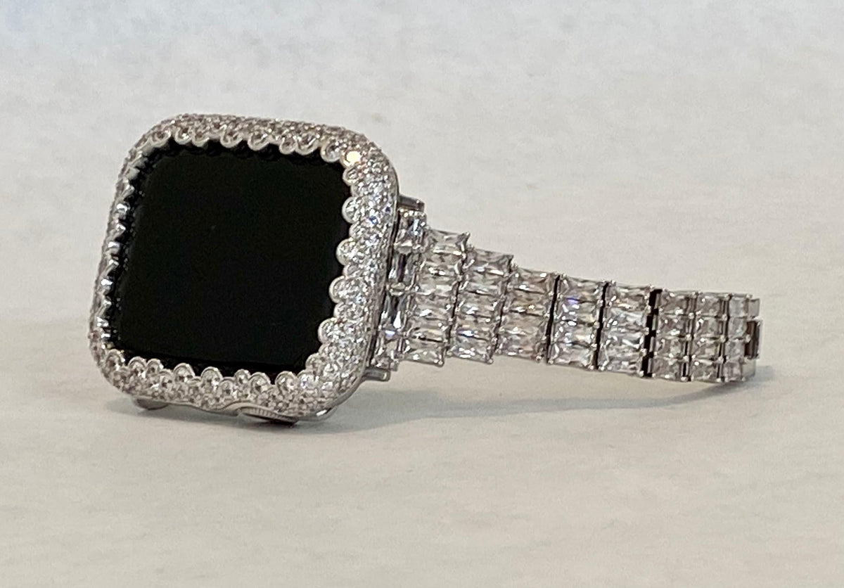 Apple Watch Band Women's Designer Silver with Swarovski Crystal Baguettes and or Apple Watch Cover with Lab Diamonds. Sizes 38mm to 49mm Ultra.