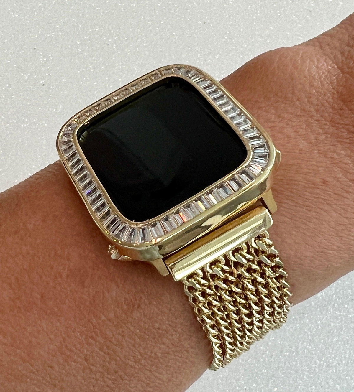 Yellow Gold Apple Watch Band Women Chain Link 38mm-45mm Ultra, Iwatch Phone band & or Apple Watch Case Lab Diamond Bezel Cover Minimalist