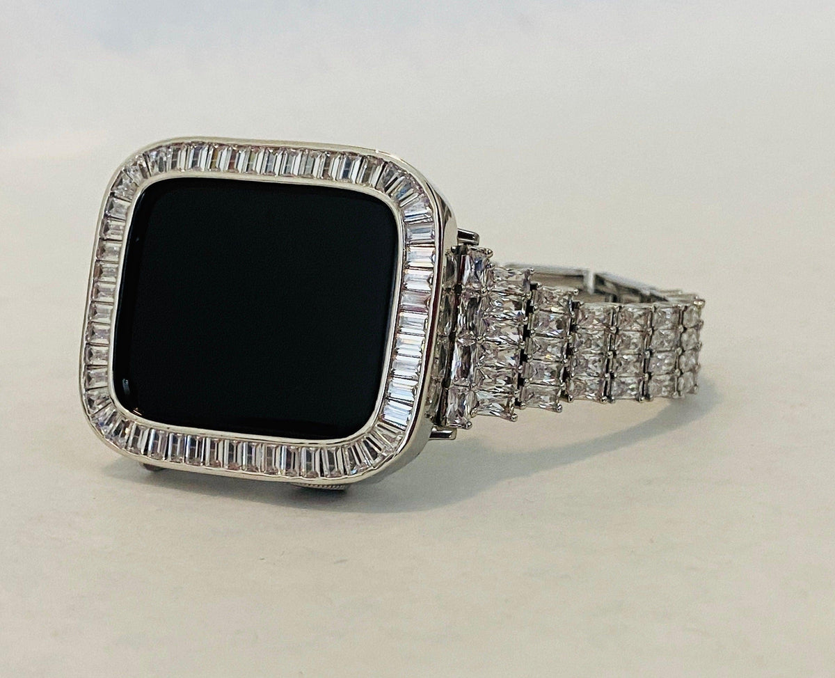 High End Apple Watch Band Womens Silver Crystals & or Apple Watch Case Baguette Lab Diamond Bezel Apple Watch Cover Bling 38-45mm