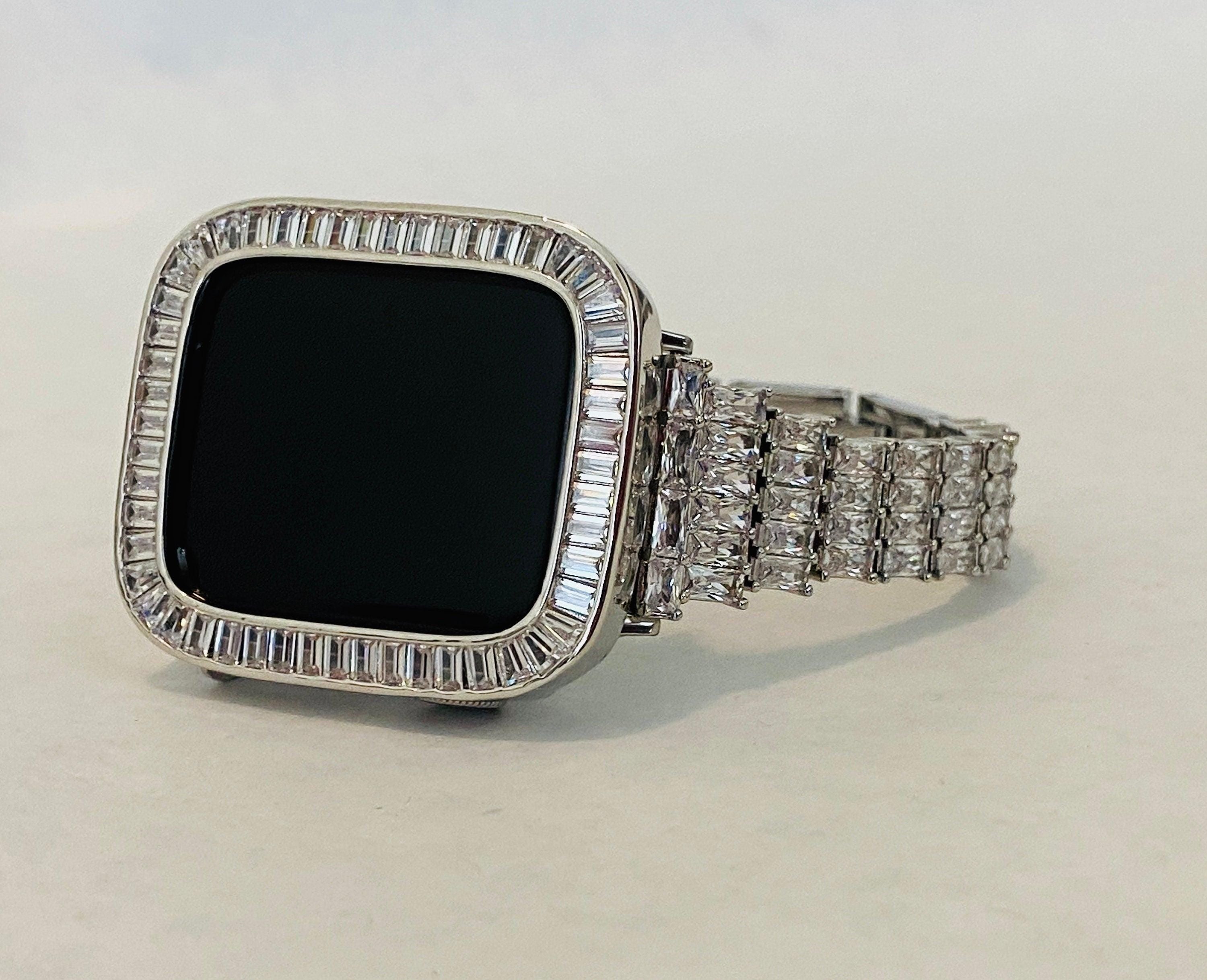 High End Apple Watch Band Womens Silver Crystals & or Apple Watch Case Baguette Lab Diamond Bezel Apple Watch Cover Bling 38-45mm