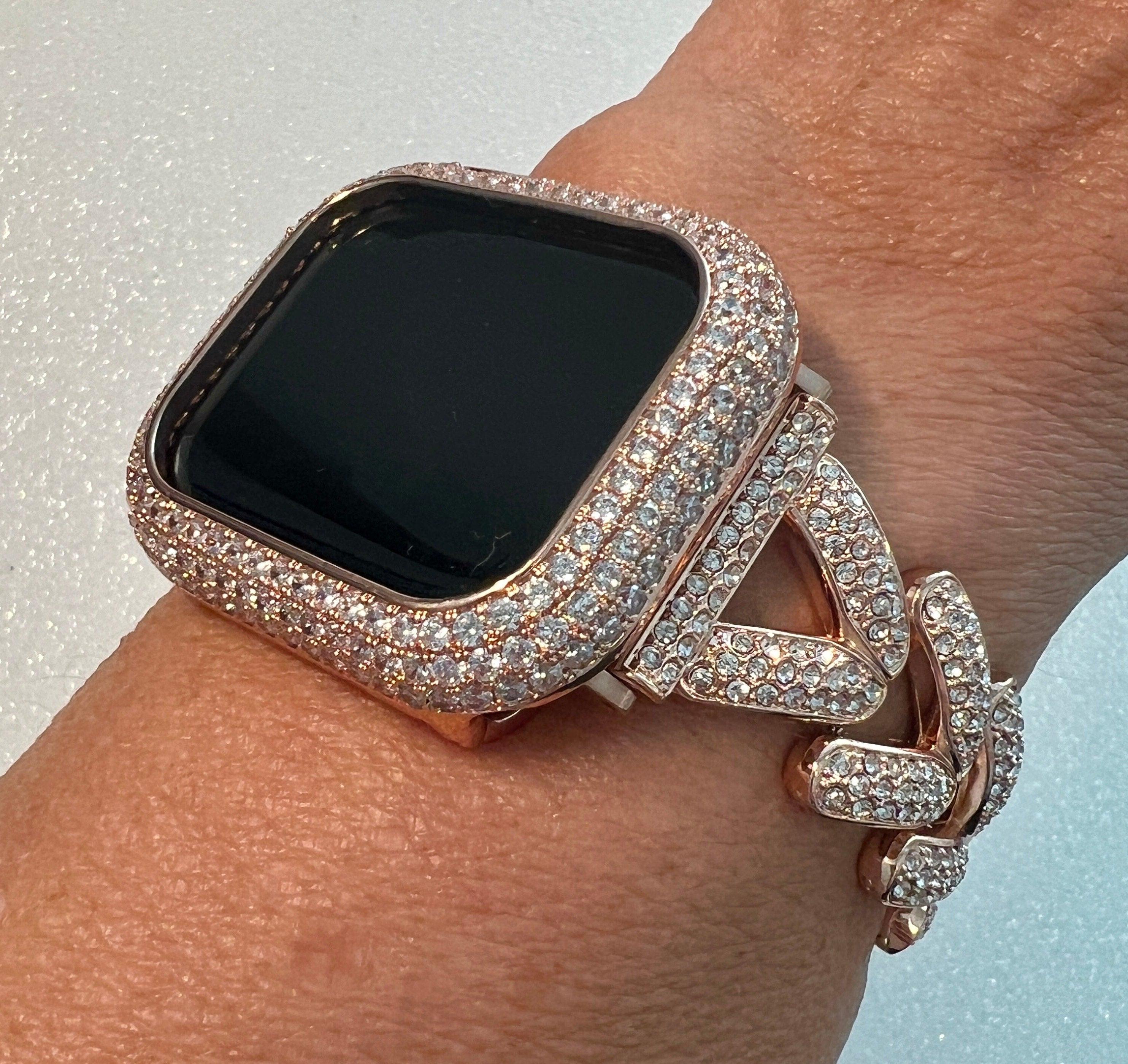 Designer Apple Watch Band Woman Rose Gold Crystal Heart Charm & or Apple Watch Case Lab Diamond Bezel 38mm-49mm Apple Watch Cover