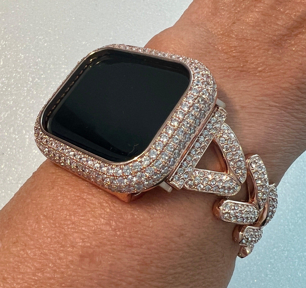 Designer Apple Watch Band Woman Rose Gold Crystal Heart Charm & or Apple Watch Case Lab Diamond Bezel 38mm-49mm Apple Watch Cover
