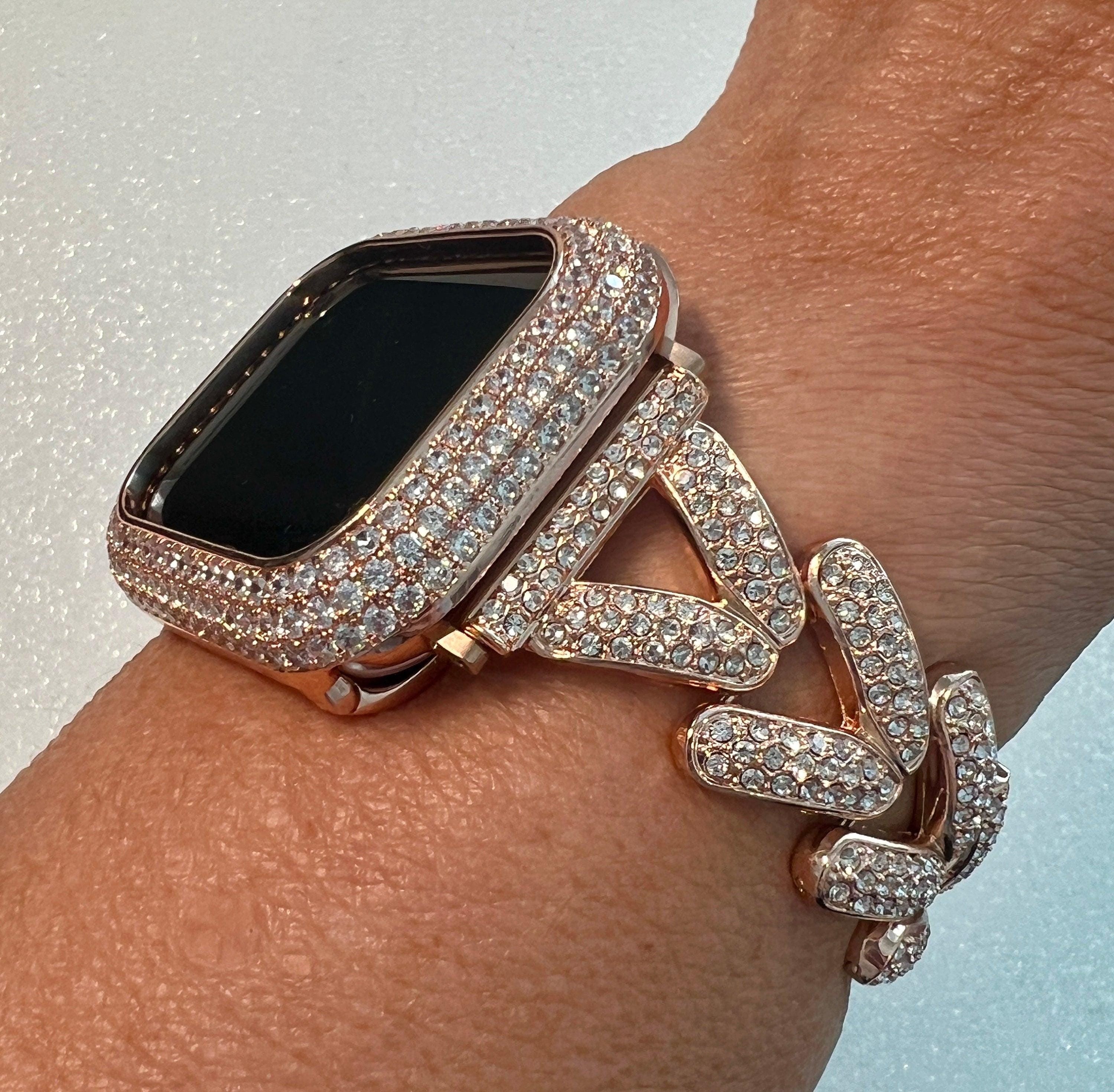 Designer Apple Watch Band Woman Rose Gold Crystal Heart Charm & or Apple Watch Case Lab Diamond Bezel 38mm-49mm Apple Watch Cover