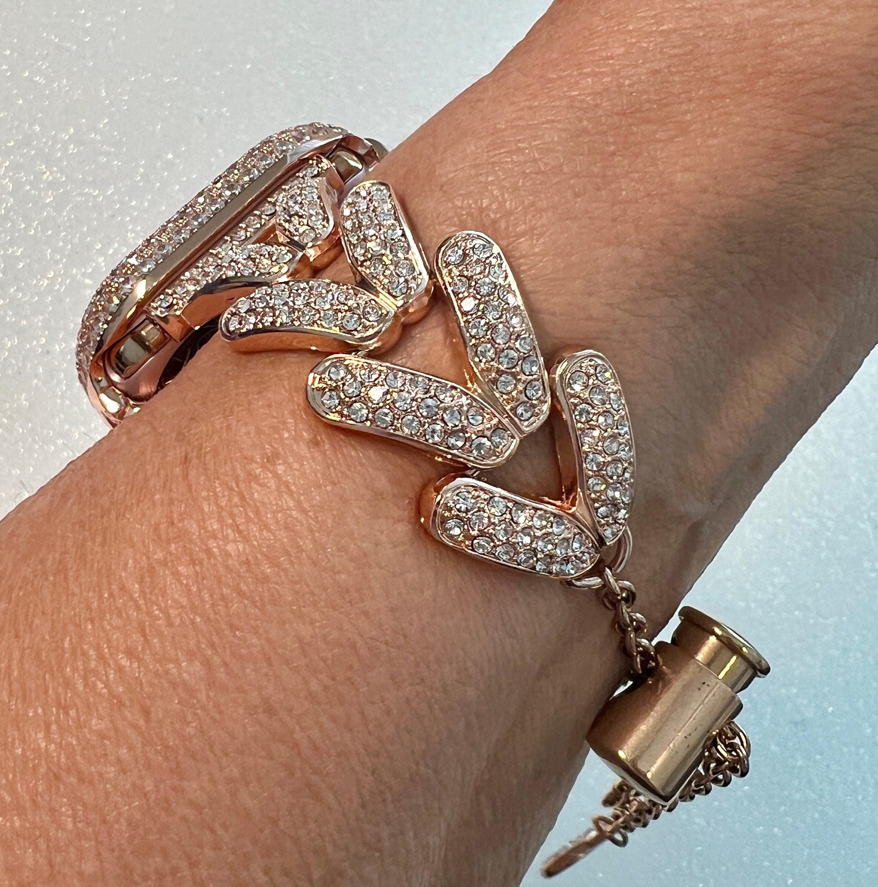 Designer Apple Watch Band Woman Rose Gold Crystal Heart Charm & or Apple Watch Case Lab Diamond Bezel 38mm-49mm Apple Watch Cover