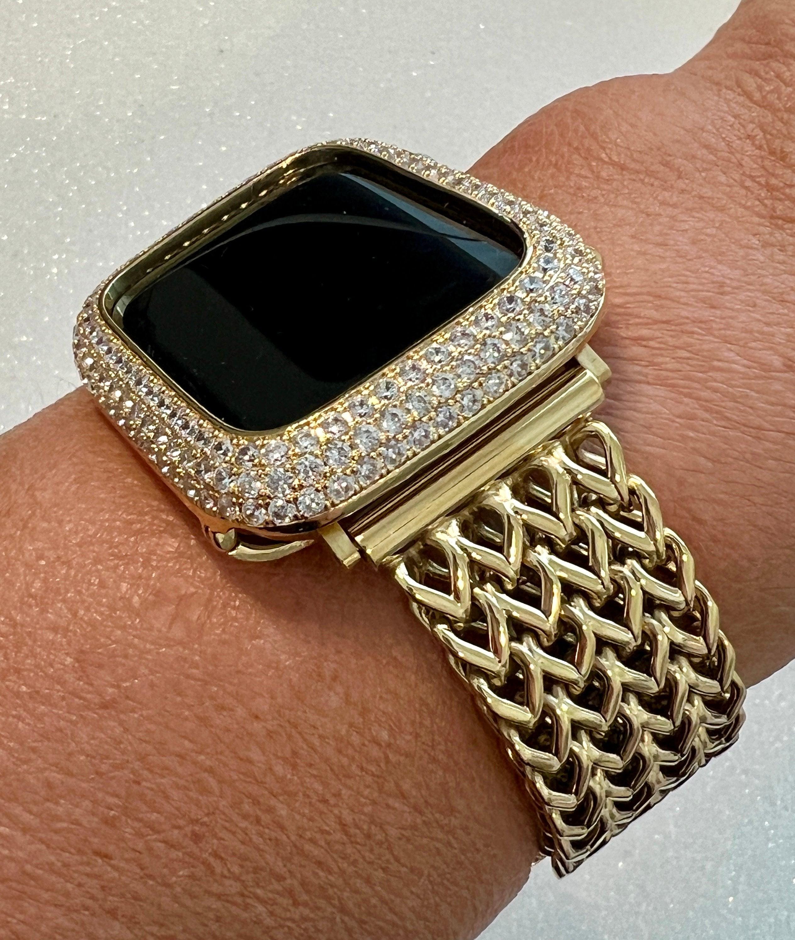 Gold Apple Watch Band Stainless Steel Womens Iphone Watch Bracelet & or Apple Watch Case Lab Diamond Bezel 38mm-49mm Ultra Iwatch Candy