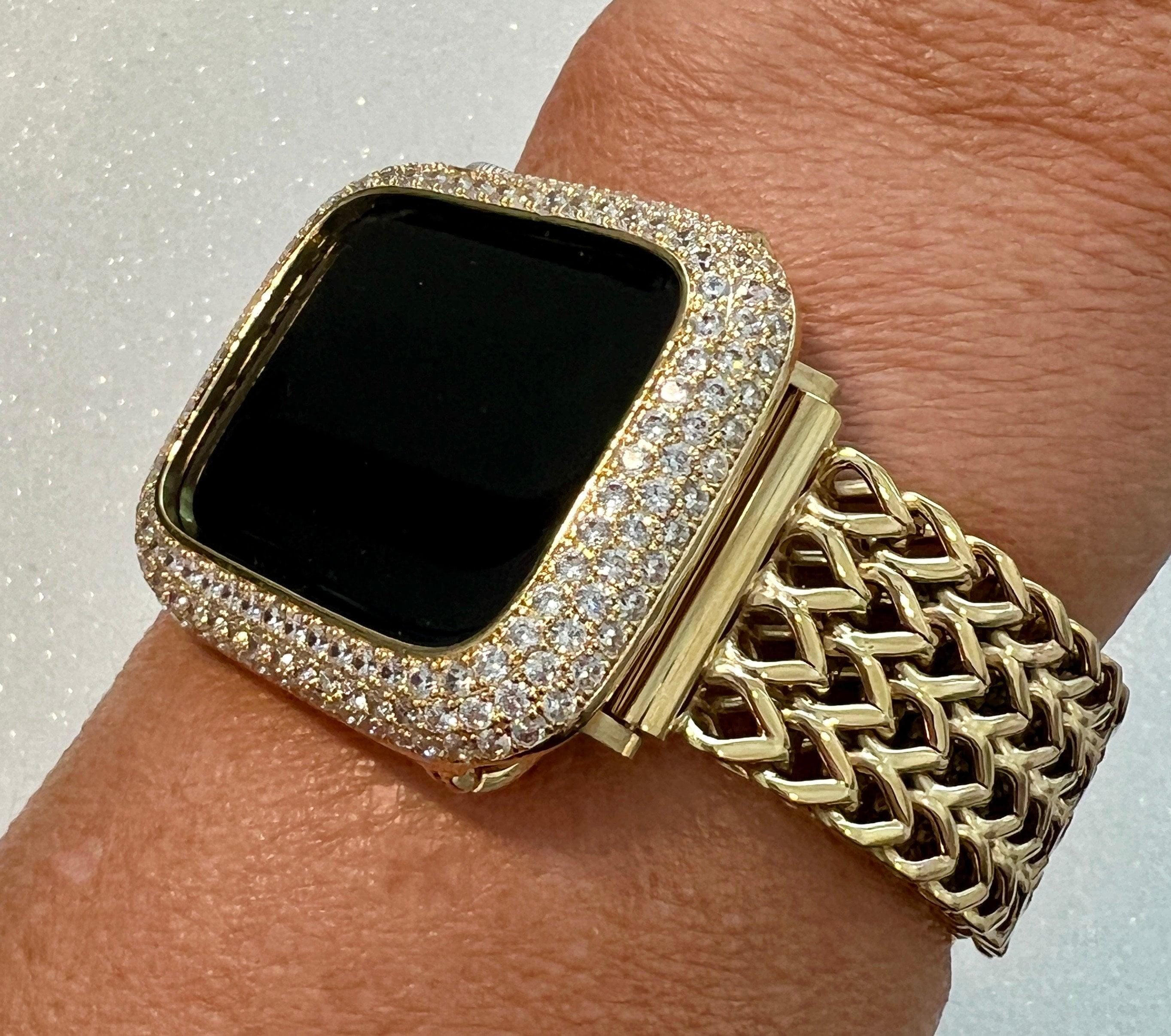 Gold Apple Watch Band Stainless Steel Womens Iphone Watch Bracelet & or Apple Watch Case Lab Diamond Bezel 38mm-49mm Ultra Iwatch Candy