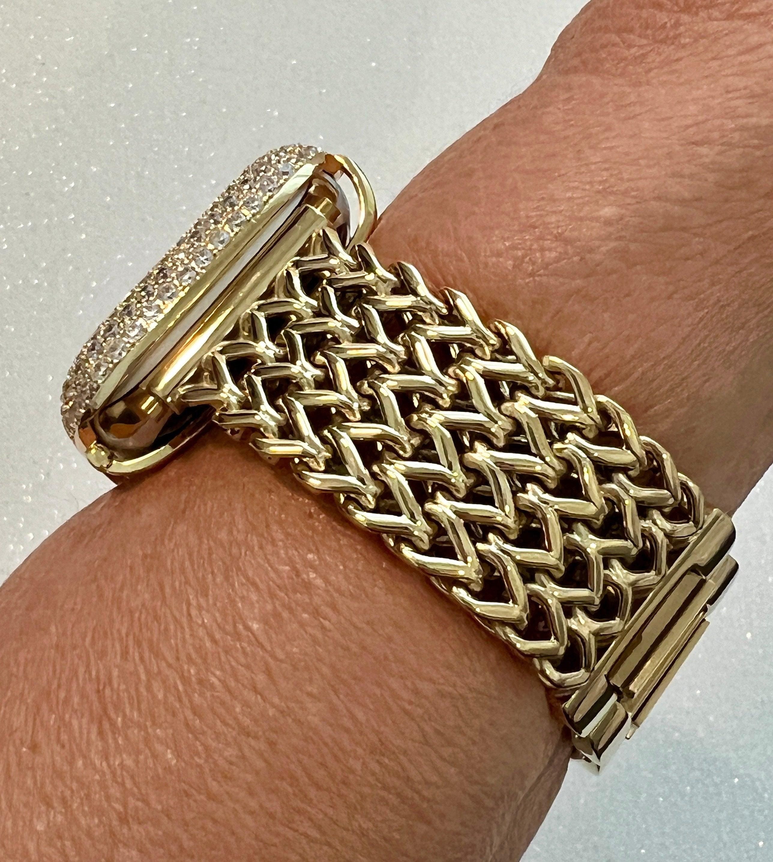 Gold Apple Watch Band Stainless Steel Womens Iphone Watch Bracelet & or Apple Watch Case Lab Diamond Bezel 38mm-49mm Ultra Iwatch Candy