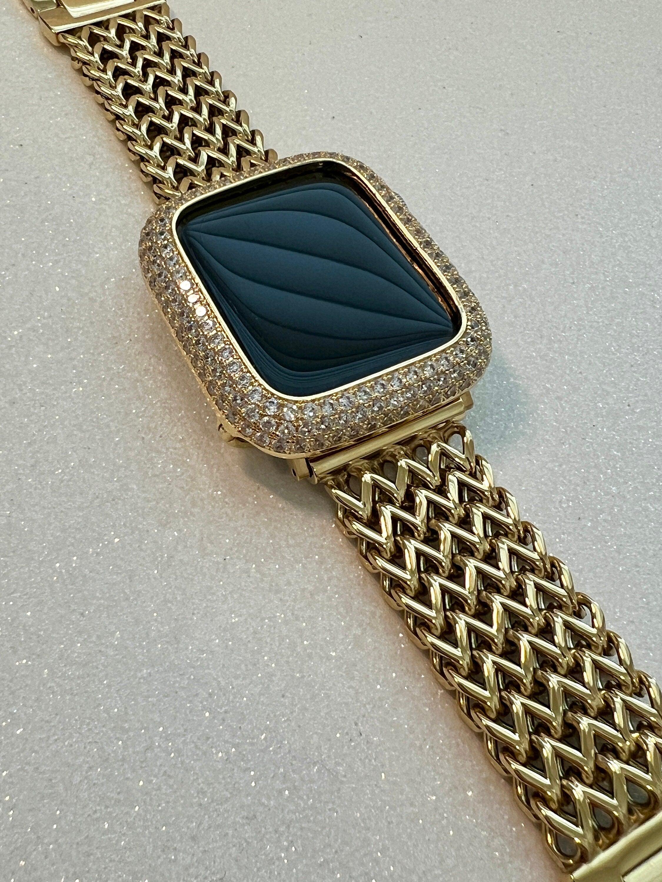 Gold Apple Watch Band Stainless Steel Womens Iphone Watch Bracelet & or Apple Watch Case Lab Diamond Bezel 38mm-49mm Ultra Iwatch Candy