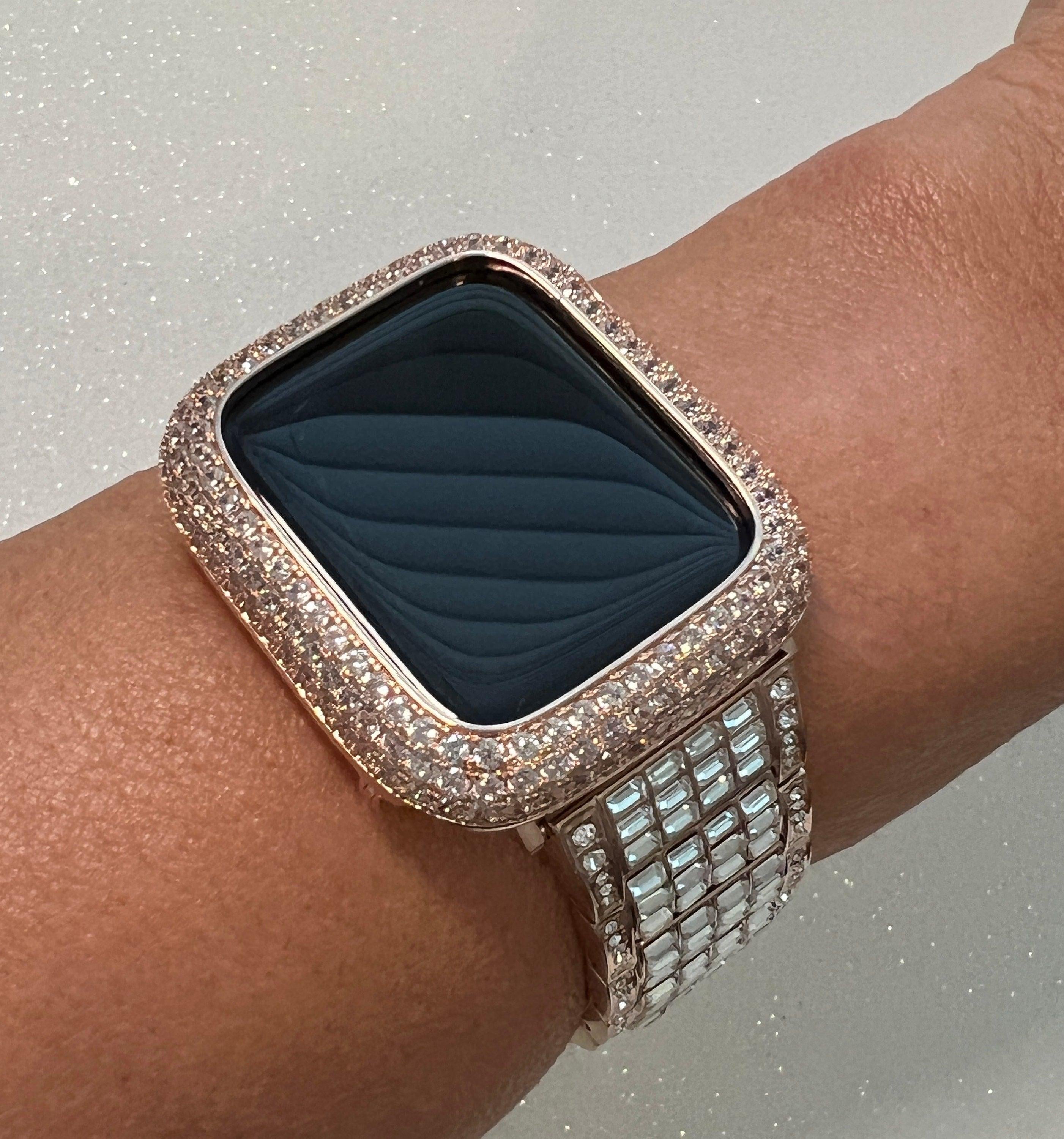 Apple Watch Band Women Rose Gold Crystals & or Apple Watch Cover Pave Lab Diamond Bezel Case 38mm-49mm Ultra Iwatch Candy Bling