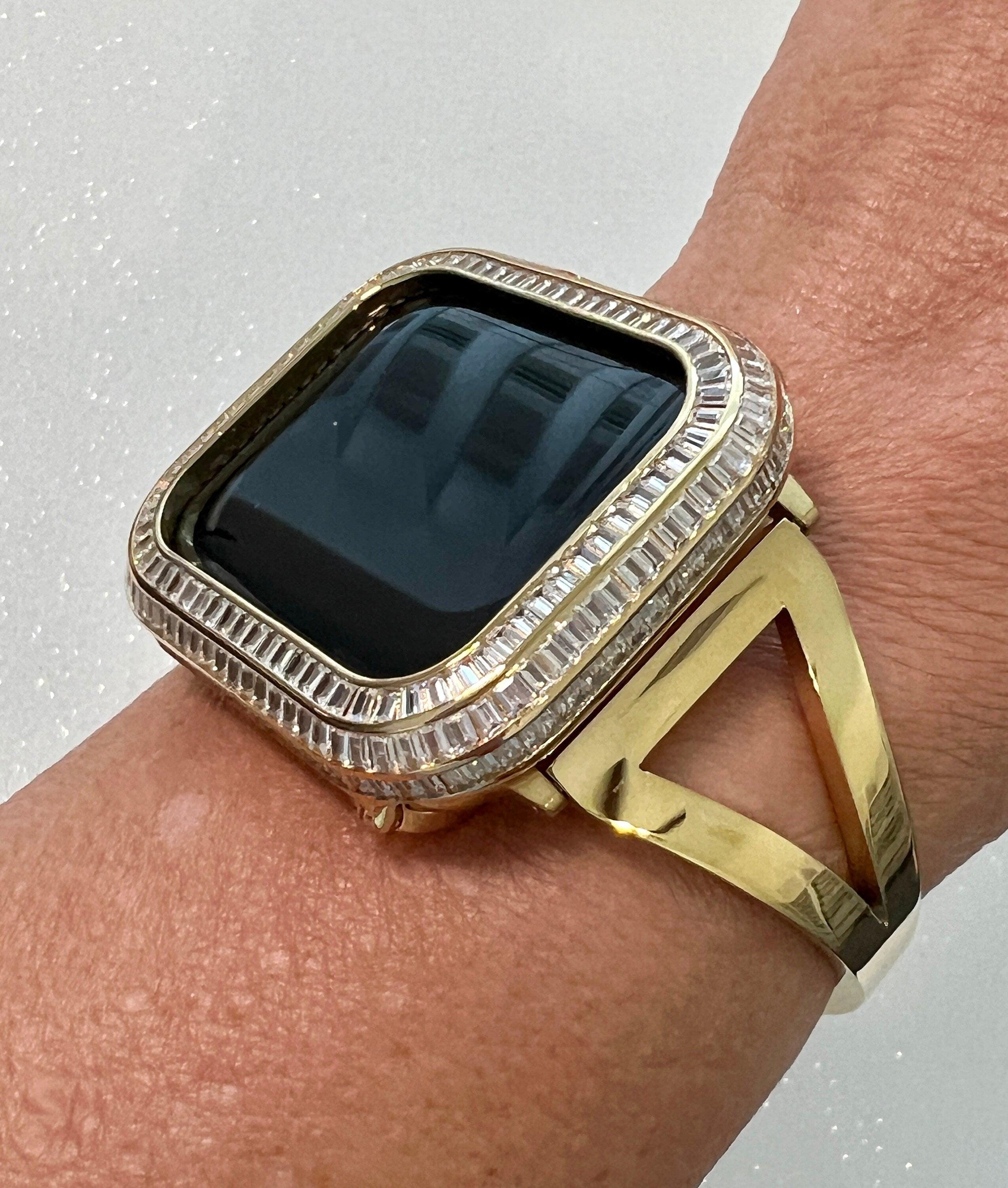 Sleek Gold Apple Watch Band Bangle Bracelet Womens & or Custom Apple Watch Case 3 Rows of Baguette Lab Diamonds Iwatch Candy 40 41 44 45mm
