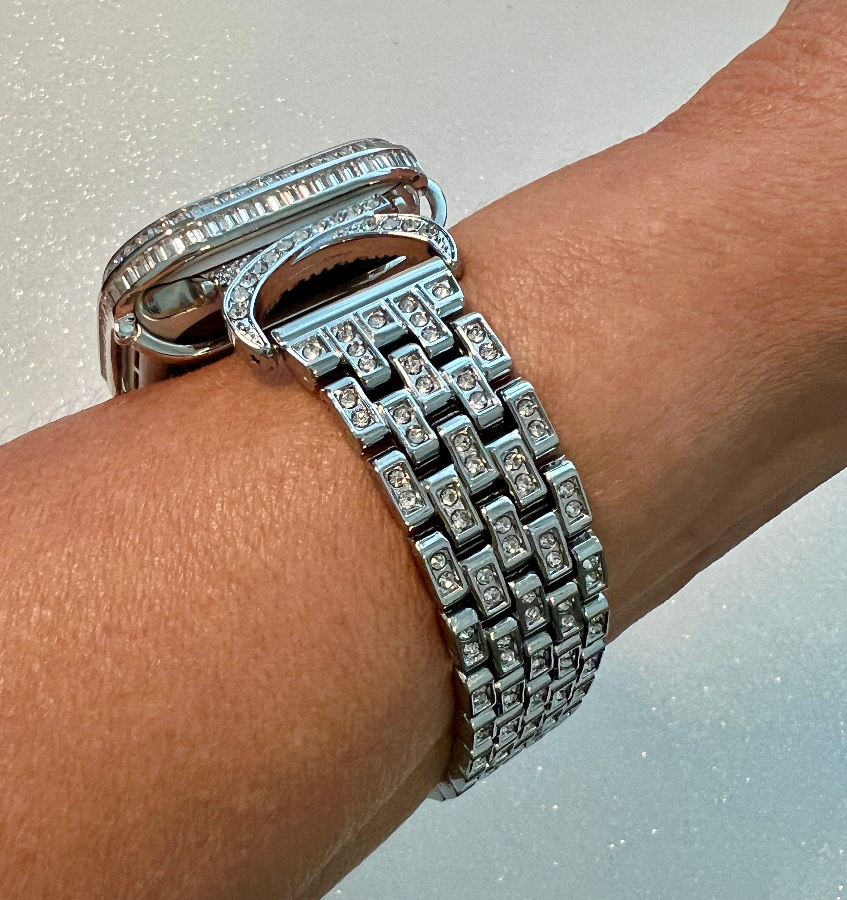 Designer Apple Watch Band Women 40mm 41mm 44mm 45mm Silver Crystal & or Apple Watch Case Lab Diamond Bezel Apple Watch Cover