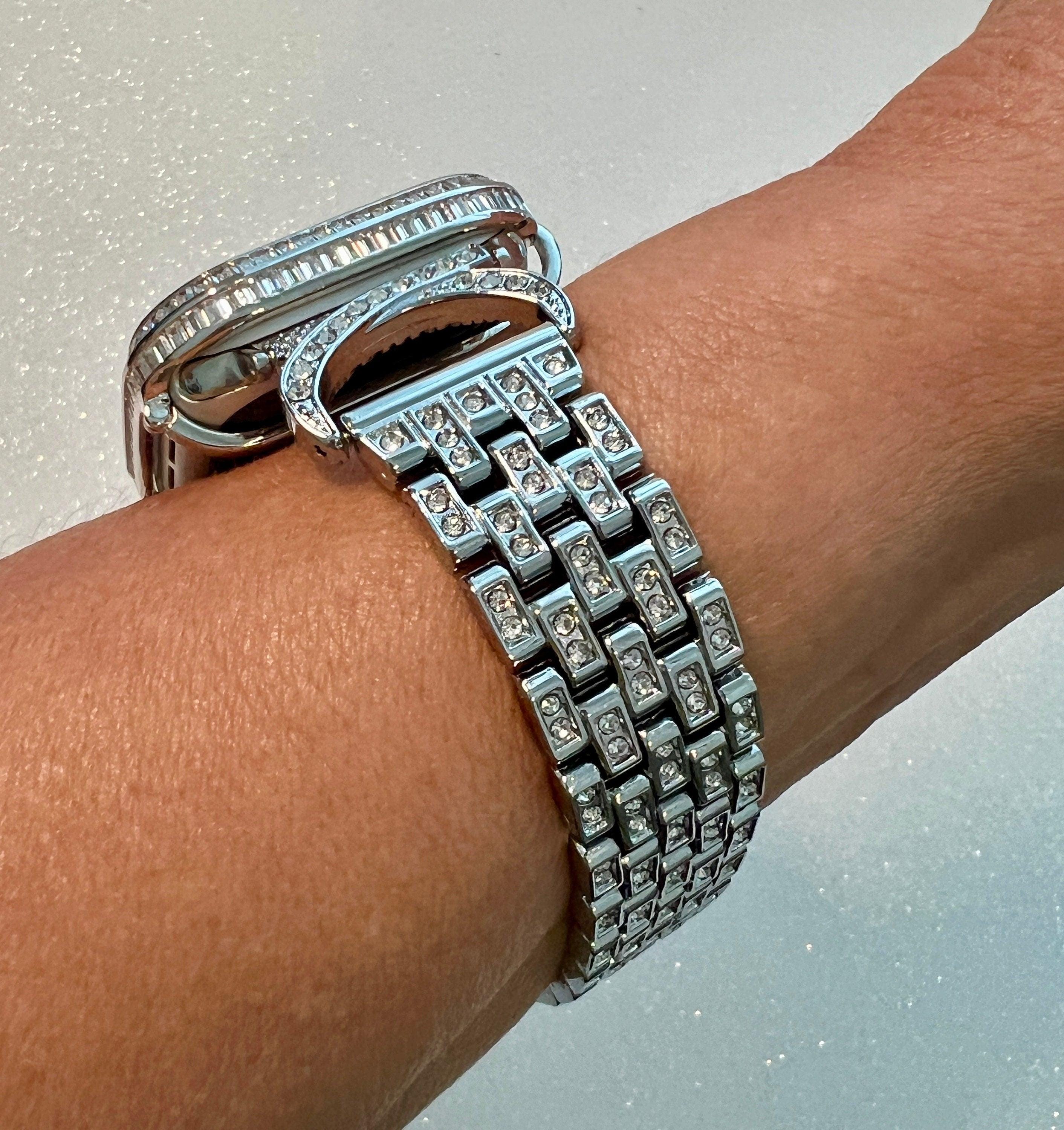 Designer Apple Watch Band Women 40mm 41mm 44mm 45mm Silver Crystal & or Apple Watch Case Lab Diamond Bezel Apple Watch Cover