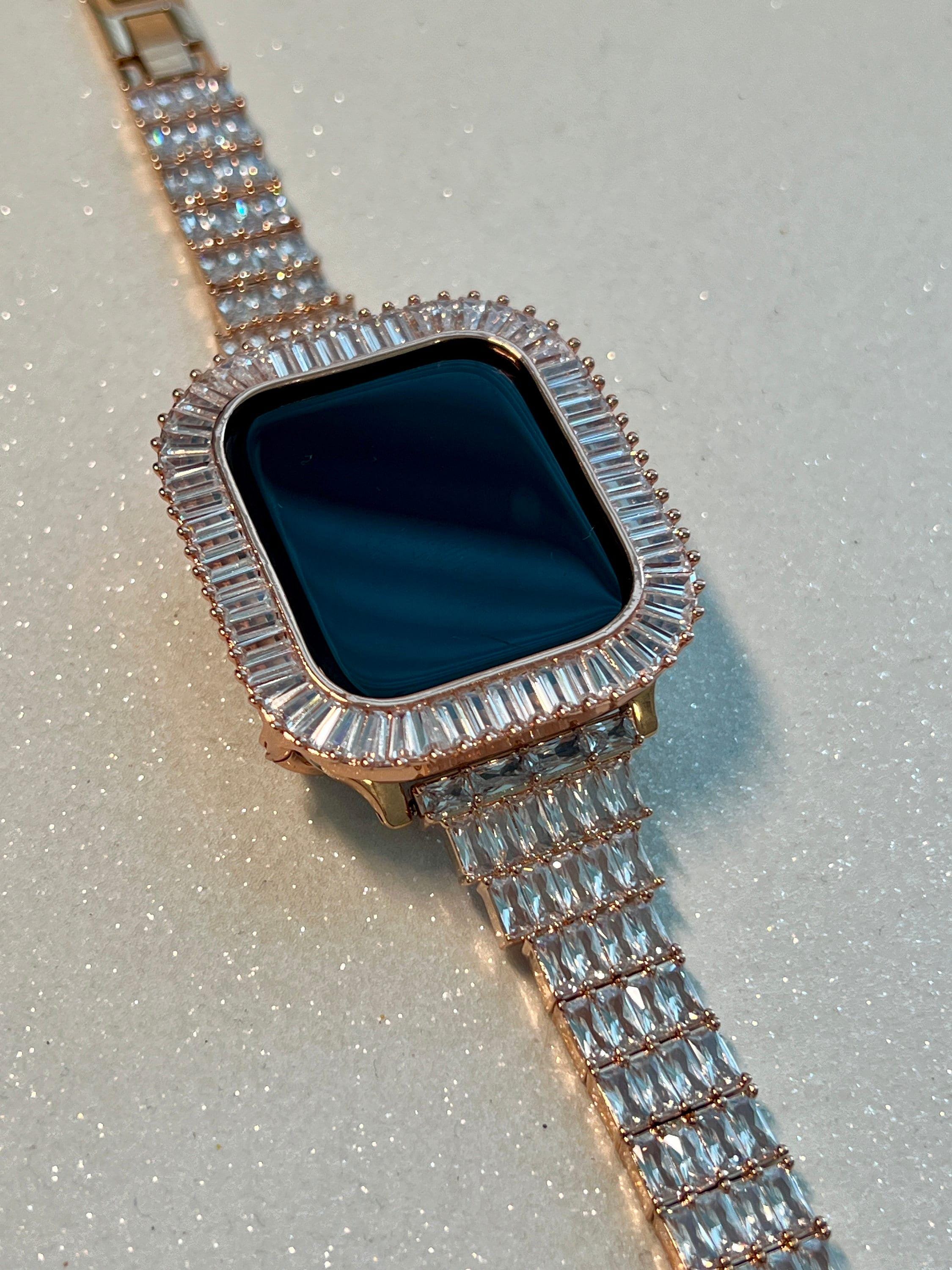 Custom Rose Gold Apple Watch Band Women 41mm 45mm & or Baguette Apple Watch Case Lab Diamond Bezel Iphone Watch Cover Iwatch Candy Bling