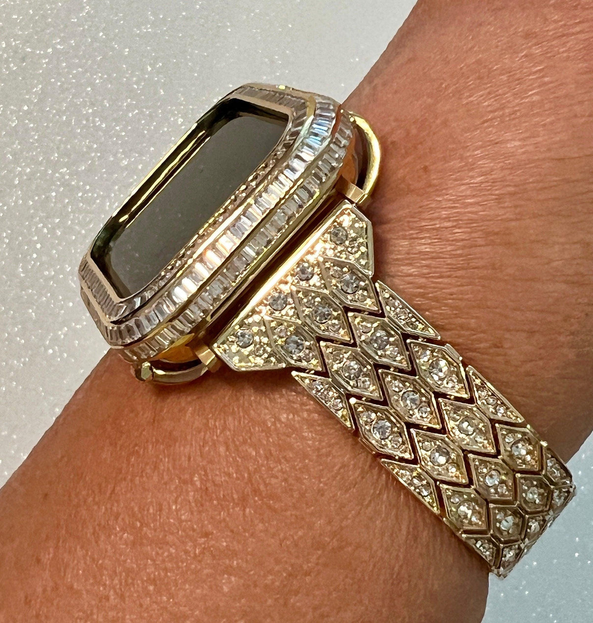 Designer Apple Watch Band Womens Gold, Crystal Iphone Watch Bracelet & or Apple Watch Cover Baguette Lab Diamond Bezel Iwatch Candy Bling