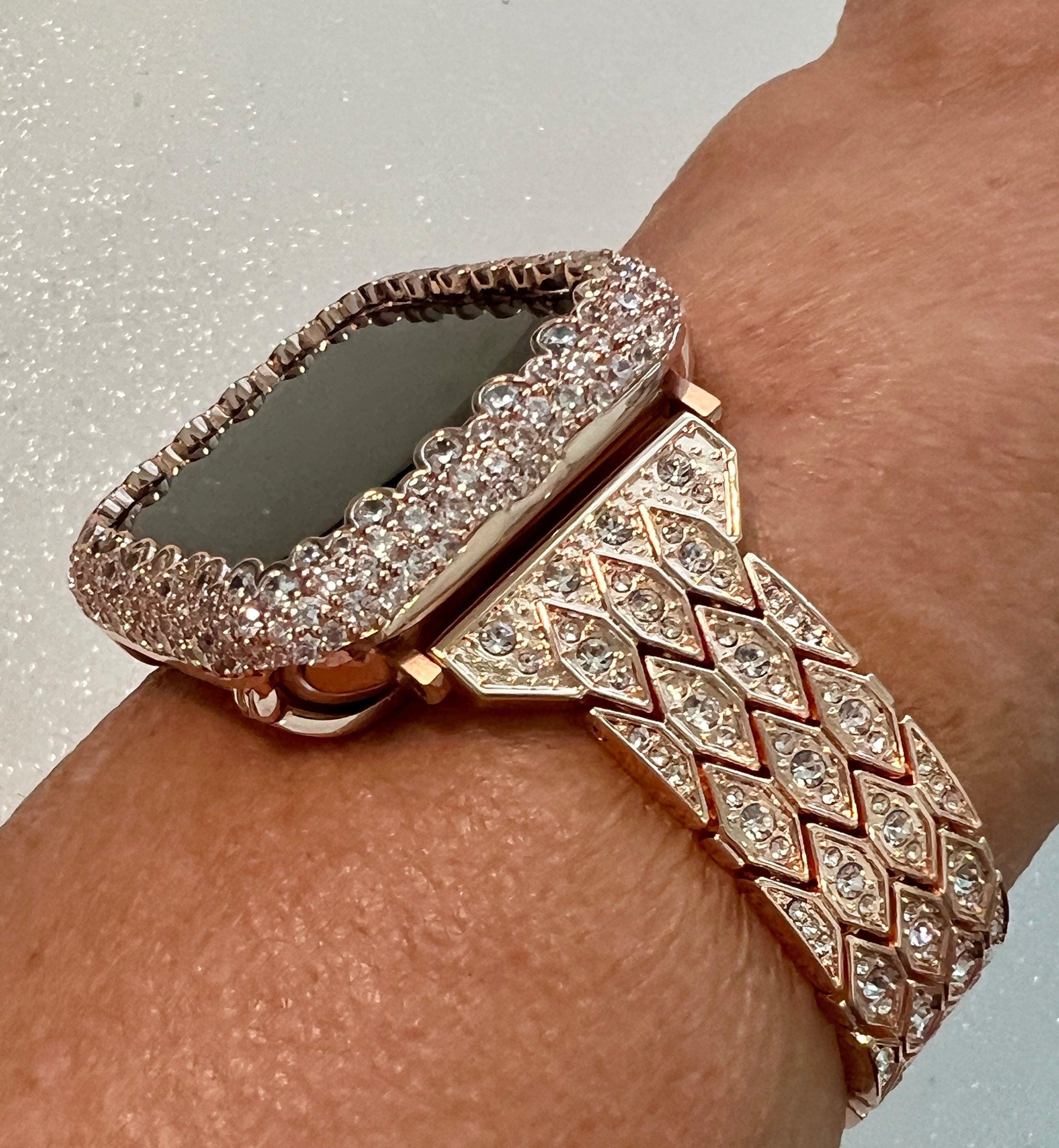Pave Apple Watch Band Womens Rose Gold Crystals 38mm-49mm & or Apple Watch Cover Lab Diamond Bezel Apple Watch Case for Iphone Watch Bling