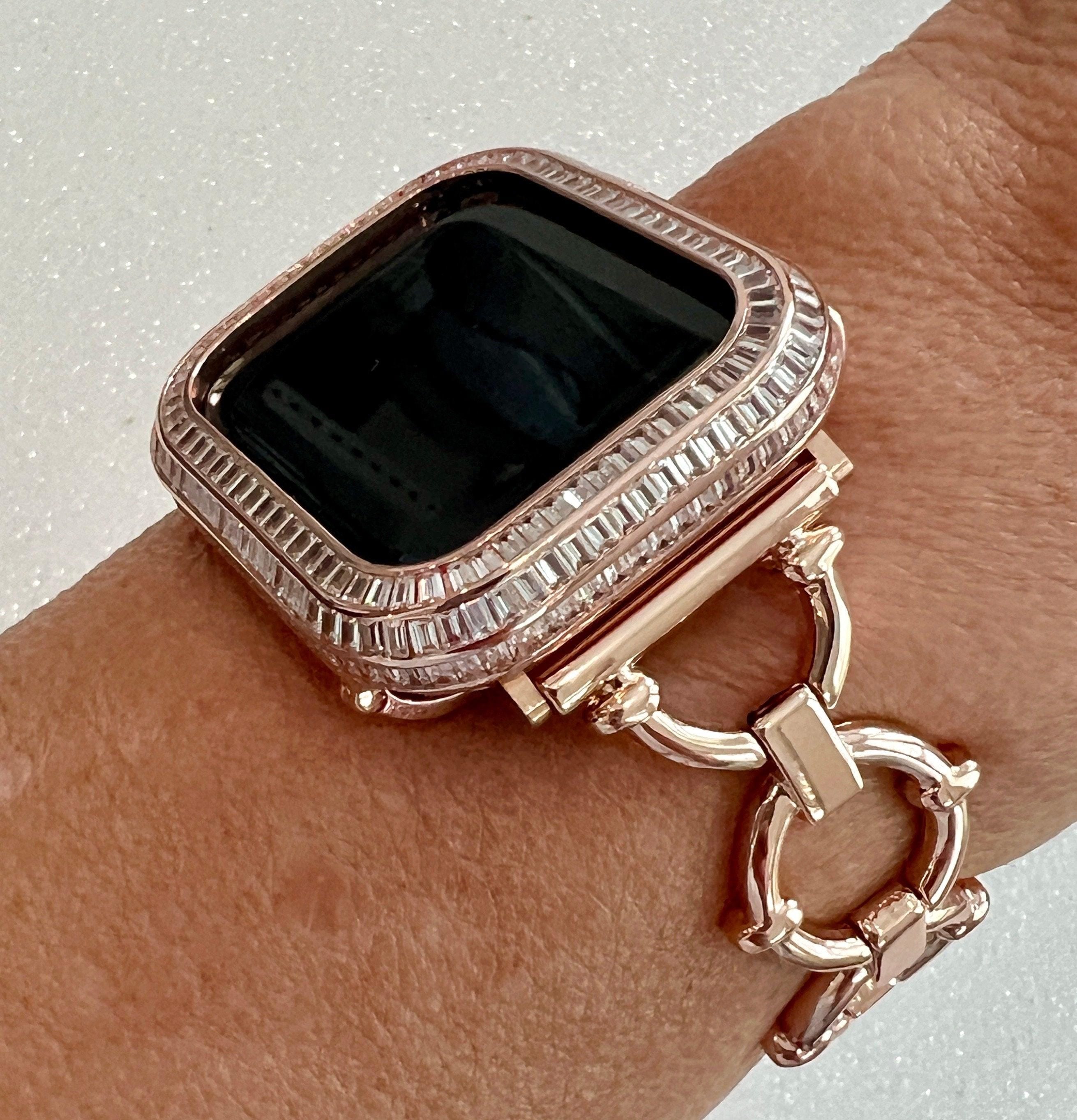 Minimalist Rose Gold Apple Watch Band Womens Bracelet, Iwatch Phone band & or Apple Watch Case Baguette Lab Diamond Bezel Iwatch Cover Gift