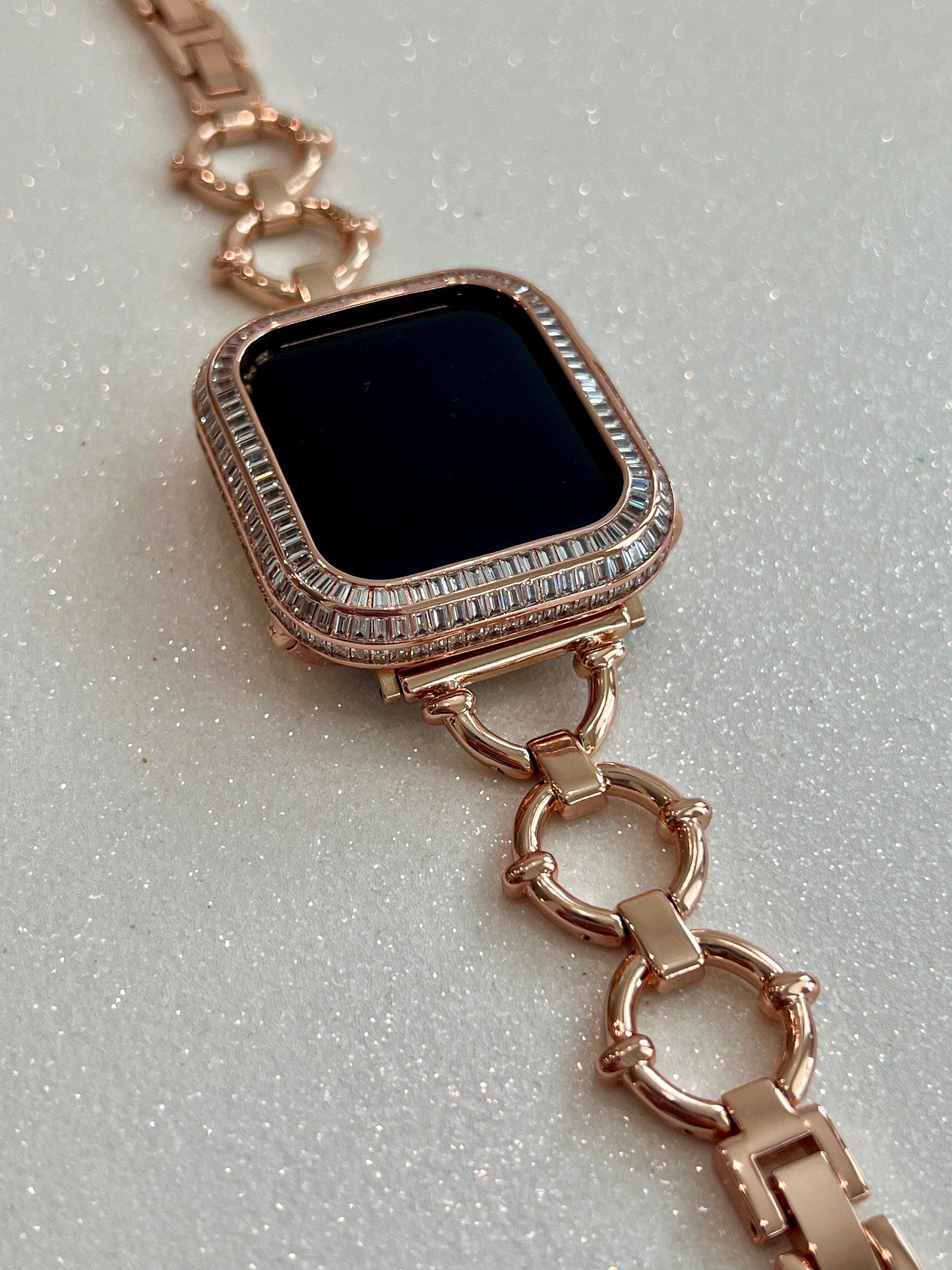 Minimalist Rose Gold Apple Watch Band Womens Bracelet, Iwatch Phone band & or Apple Watch Case Baguette Lab Diamond Bezel Iwatch Cover Gift
