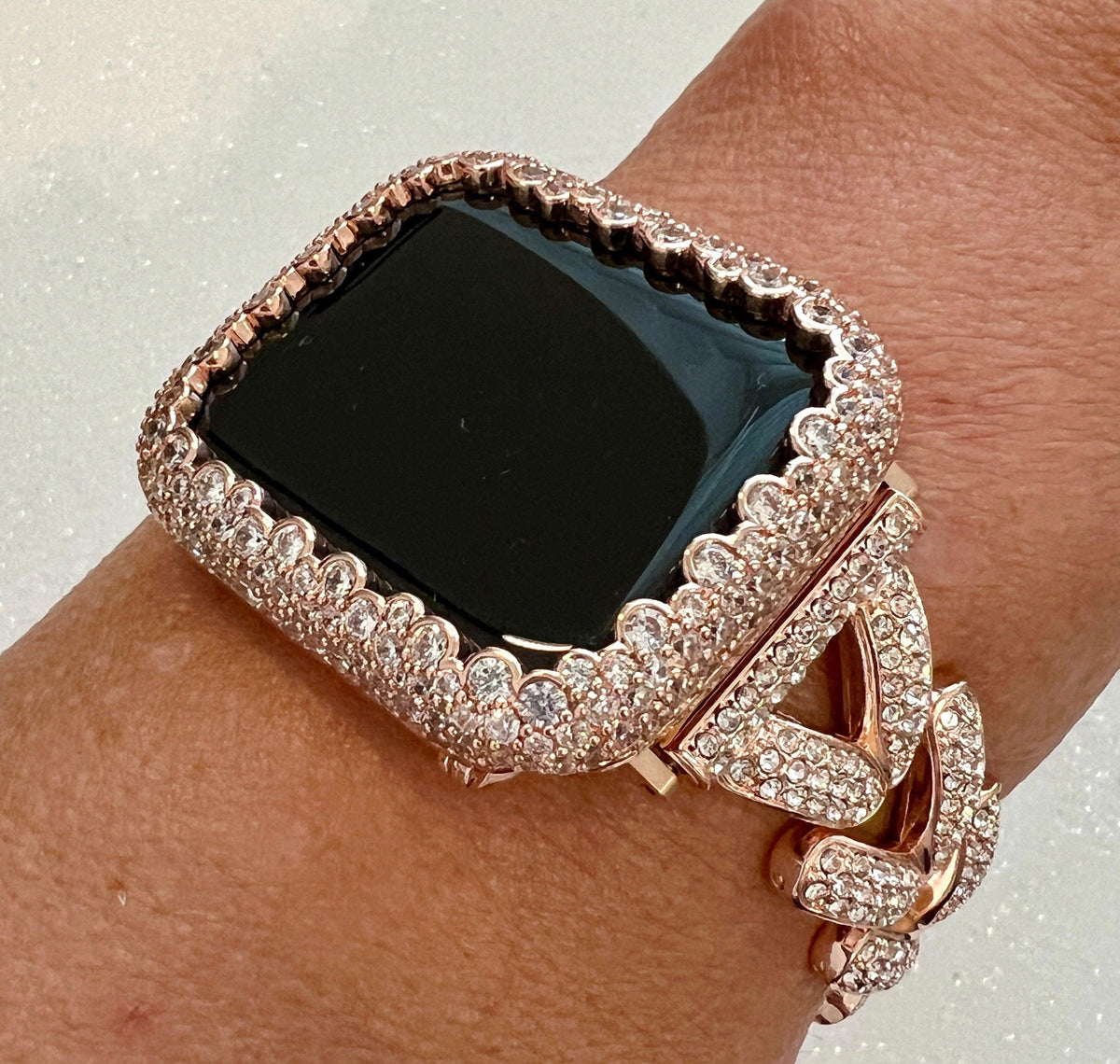 Pave Apple Watch Band Woman Rose Gold Crystal Heart Charm & or Apple Watch Case Lab Diamond Bezel 38mm-49mm Apple Watch Cover