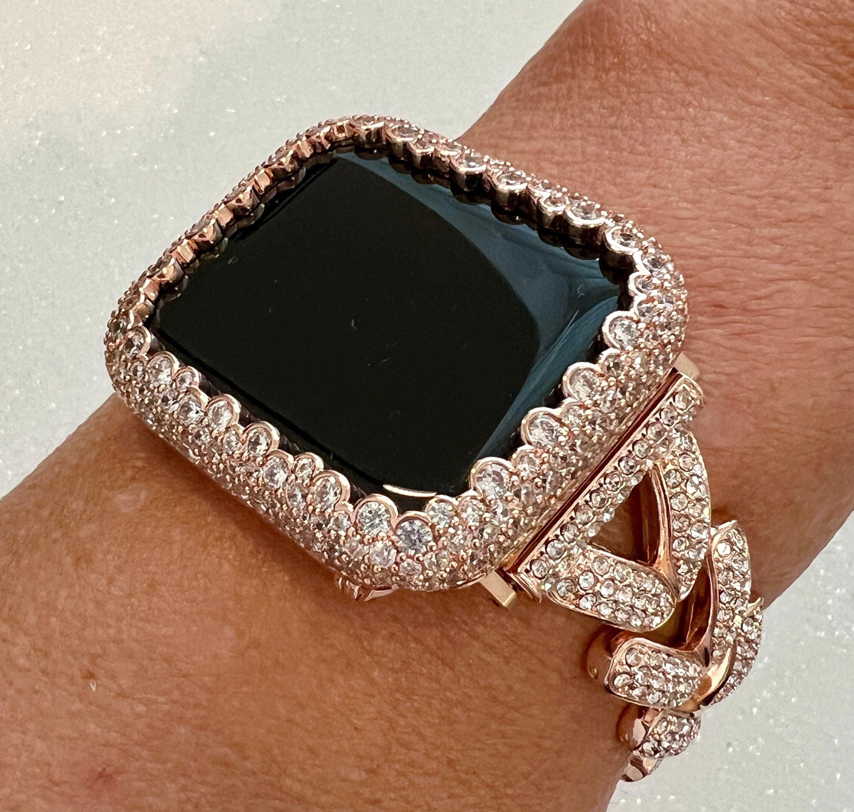 Pave Apple Watch Band Woman Rose Gold Crystal Heart Charm & or Apple Watch Case Lab Diamond Bezel 38mm-49mm Apple Watch Cover