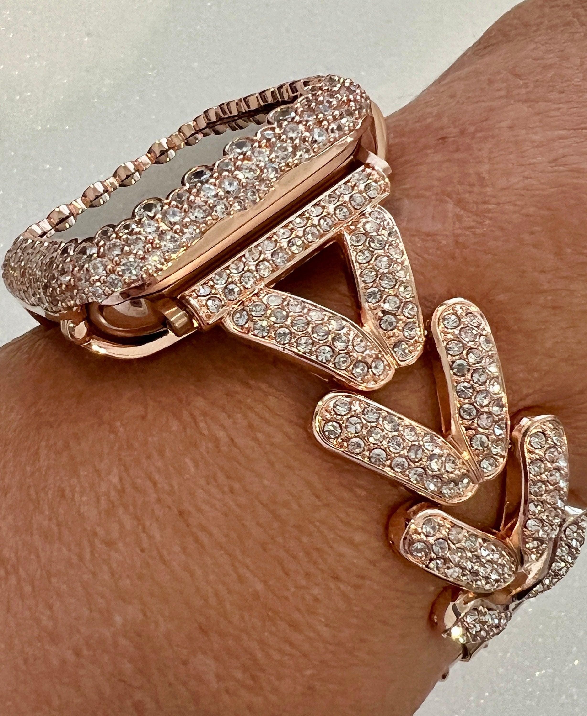 Pave Apple Watch Band Woman Rose Gold Crystal Heart Charm & or Apple Watch Case Lab Diamond Bezel 38mm-49mm Apple Watch Cover