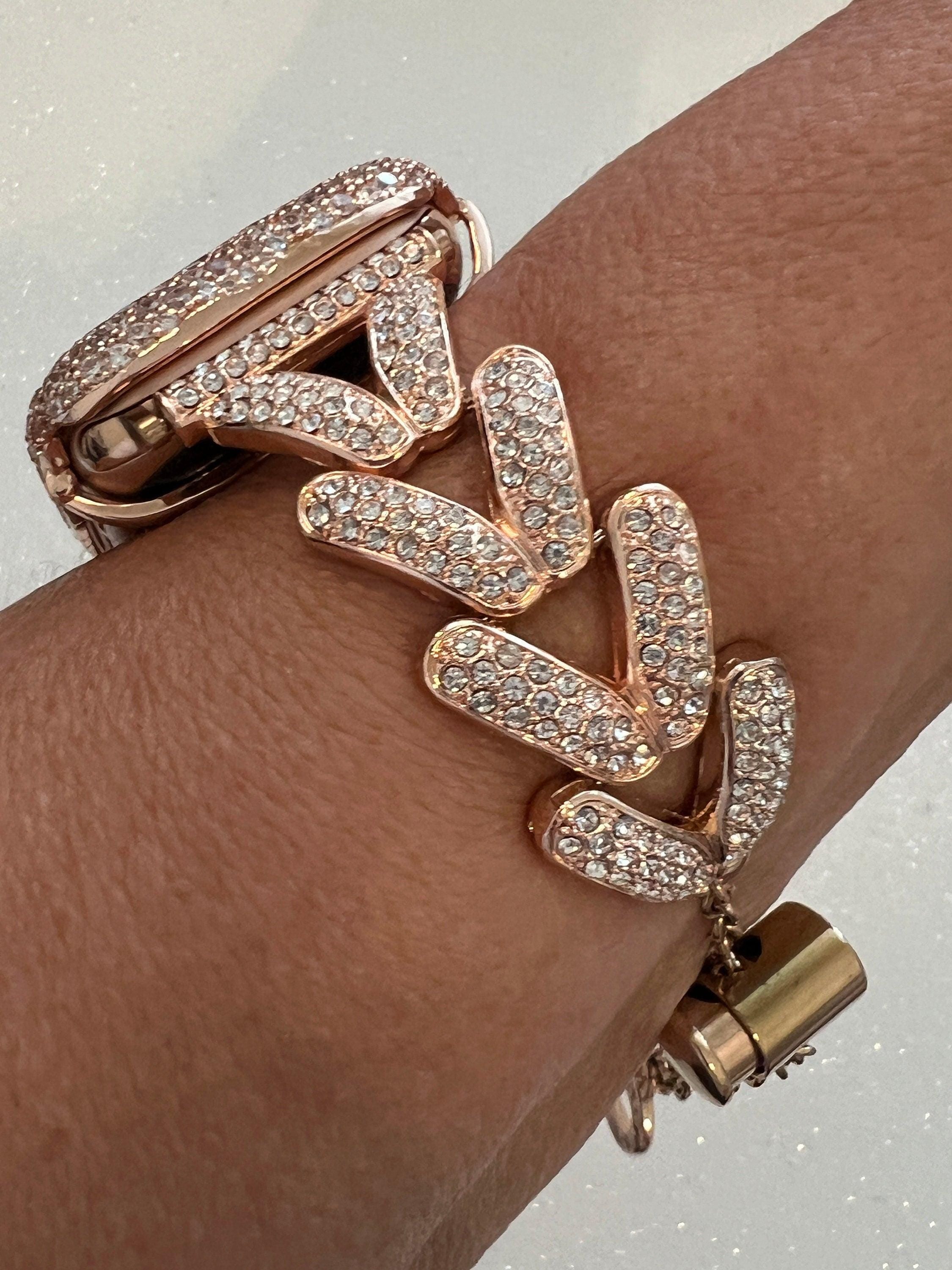 Pave Apple Watch Band Woman Rose Gold Crystal Heart Charm & or Apple Watch Case Lab Diamond Bezel 38mm-49mm Apple Watch Cover