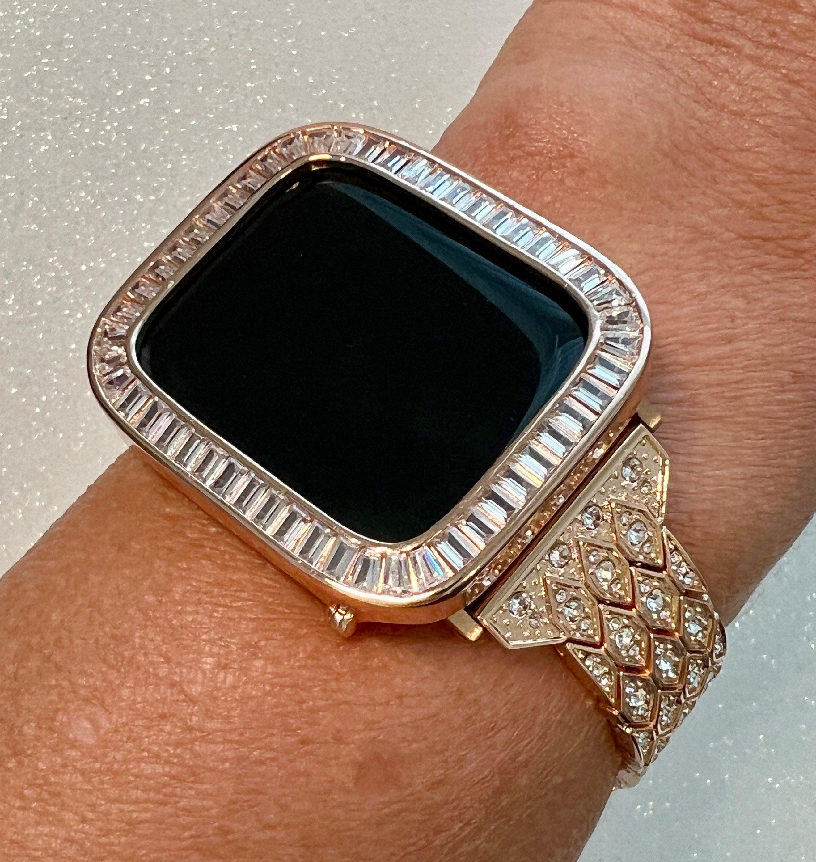 Luxury Apple Watch Band Womens Rose Gold, Iphone Watch Band Swarovski Crystal & or Apple Watch Cover Baguette Lab Diamond Iwatch Case Bling