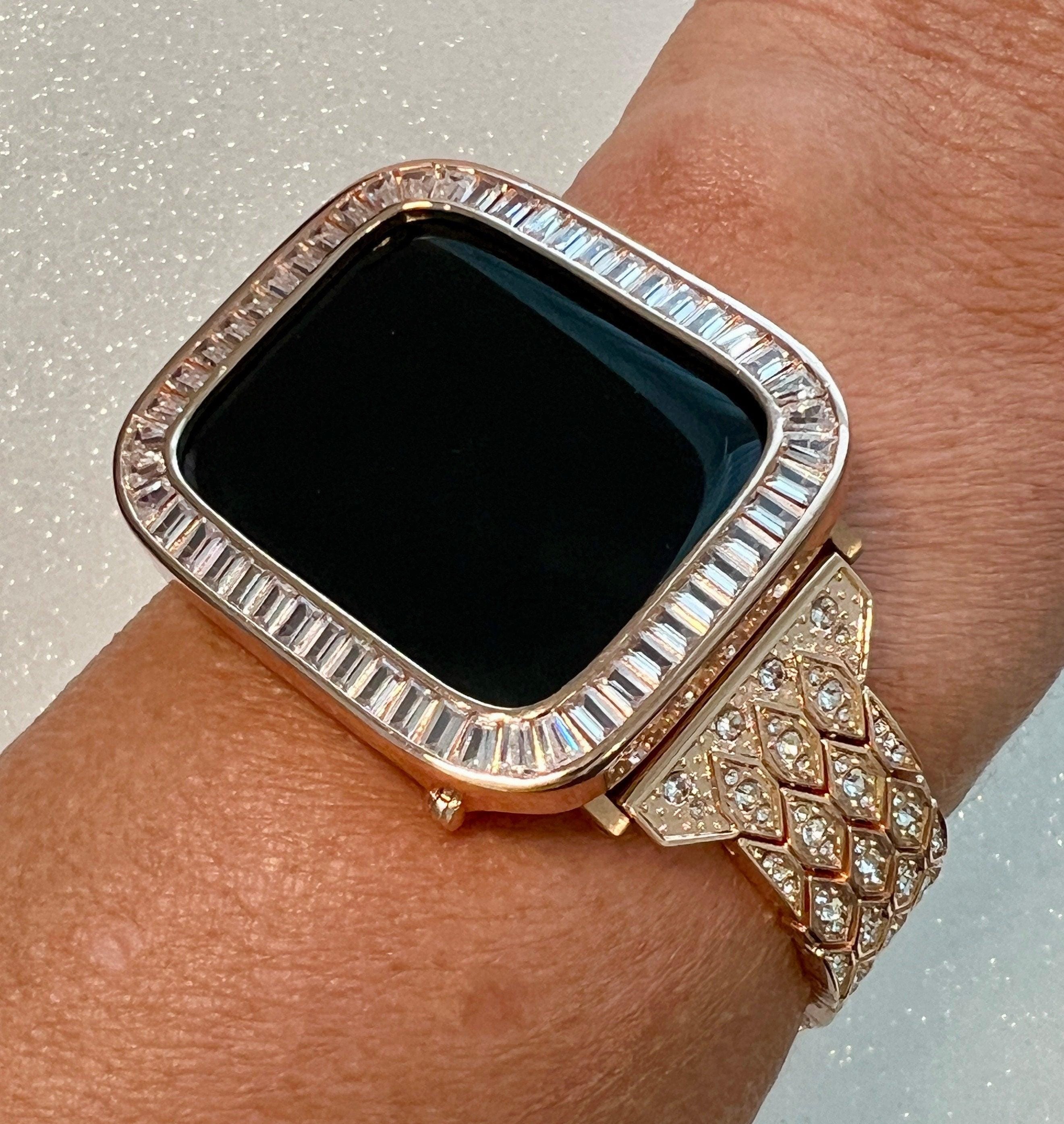 Luxury Apple Watch Band Womens Rose Gold, Iphone Watch Band Swarovski Crystal & or Apple Watch Cover Baguette Lab Diamond Iwatch Case Bling