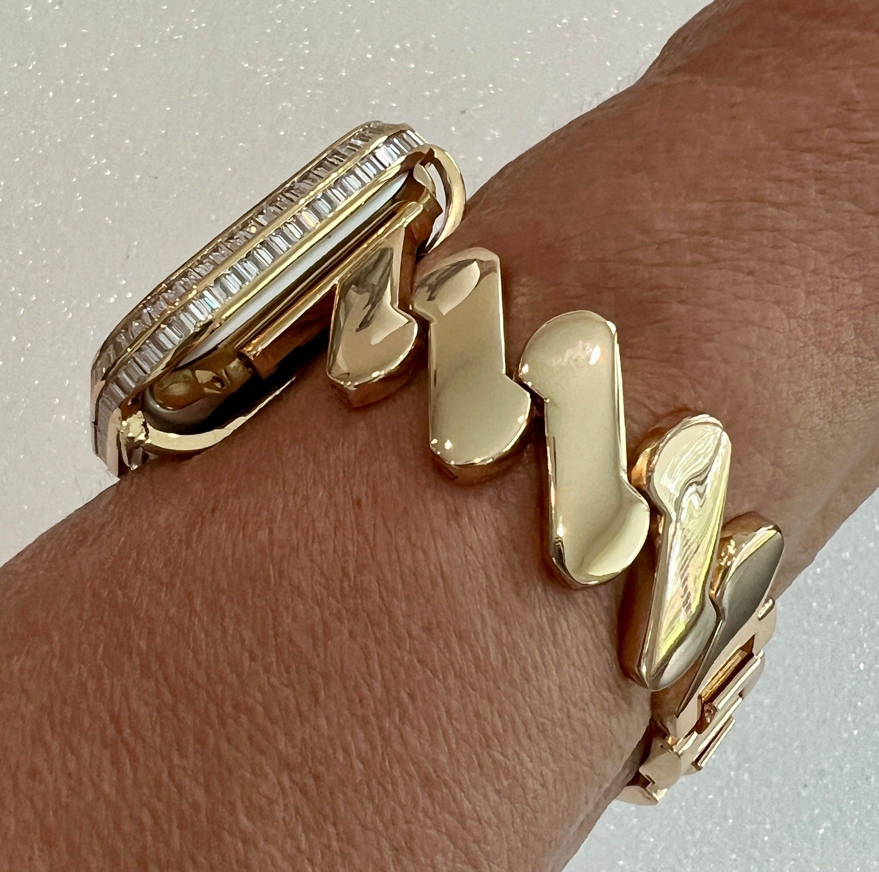 Designer Apple Watch Band Gold Women Minimalist, Iwatch Phone Bracelet & or Apple Watch Case Baguette Lab Diamond Bezel Cover Gift for Her