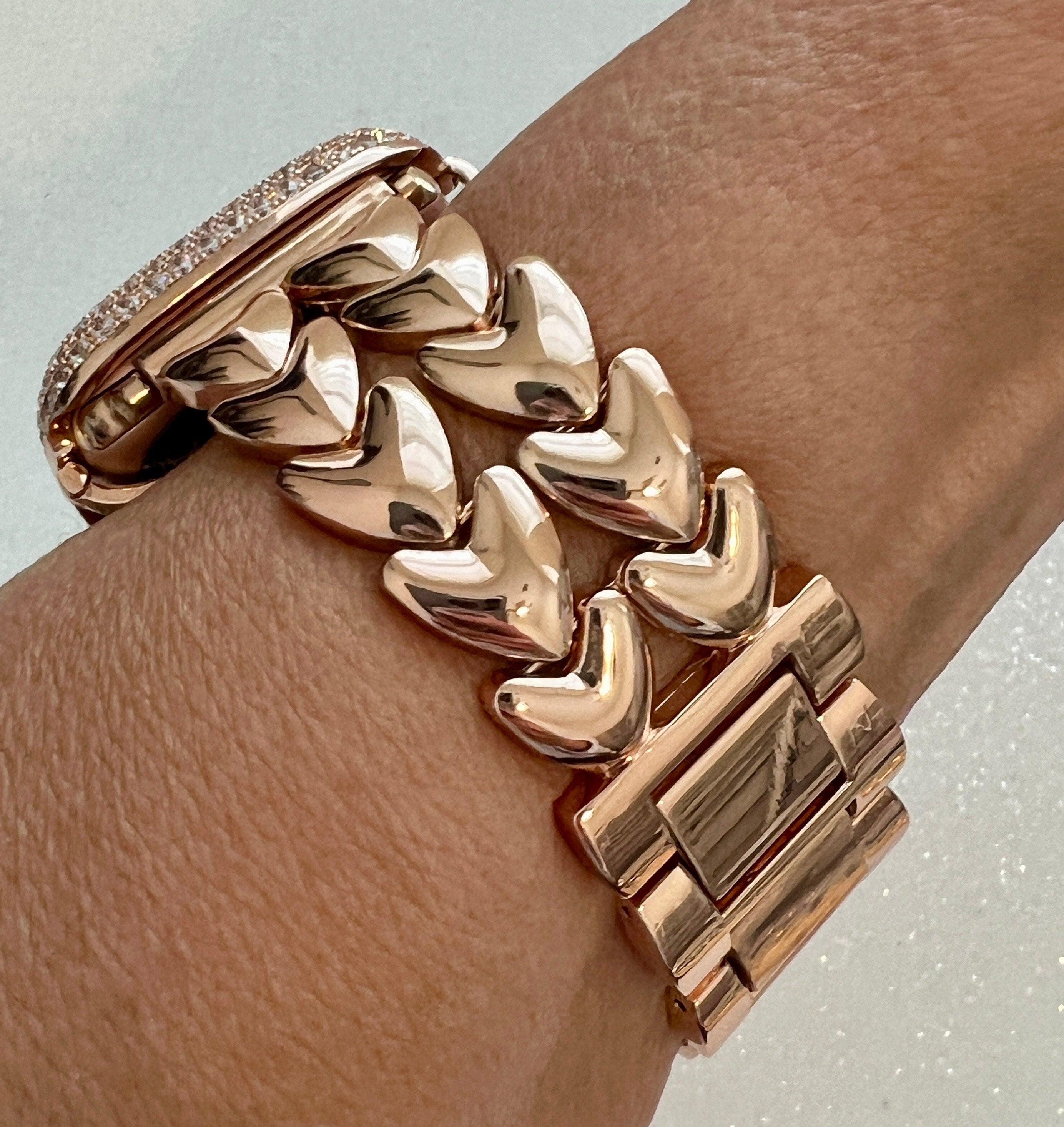 Rose Gold Apple Watch Band Double Row Hearts Bracelet 38mm-49mm, Iwatch band & or Apple Watch Case Baguette Lab Diamond Bezel Cover Gift