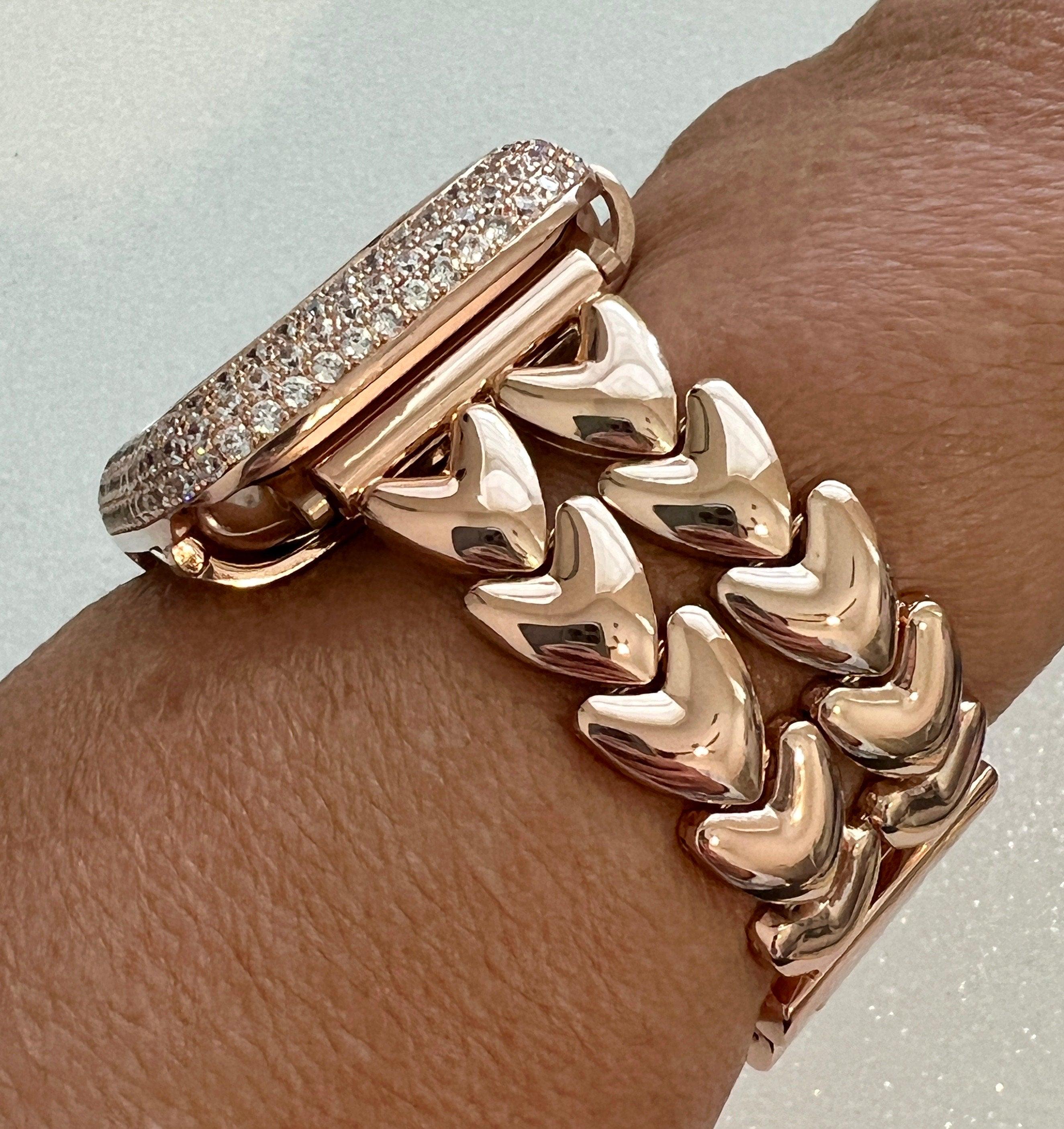 Rose Gold Apple Watch Band Double Row Hearts Bracelet 38mm-49mm, Iwatch band & or Apple Watch Case Baguette Lab Diamond Bezel Cover Gift