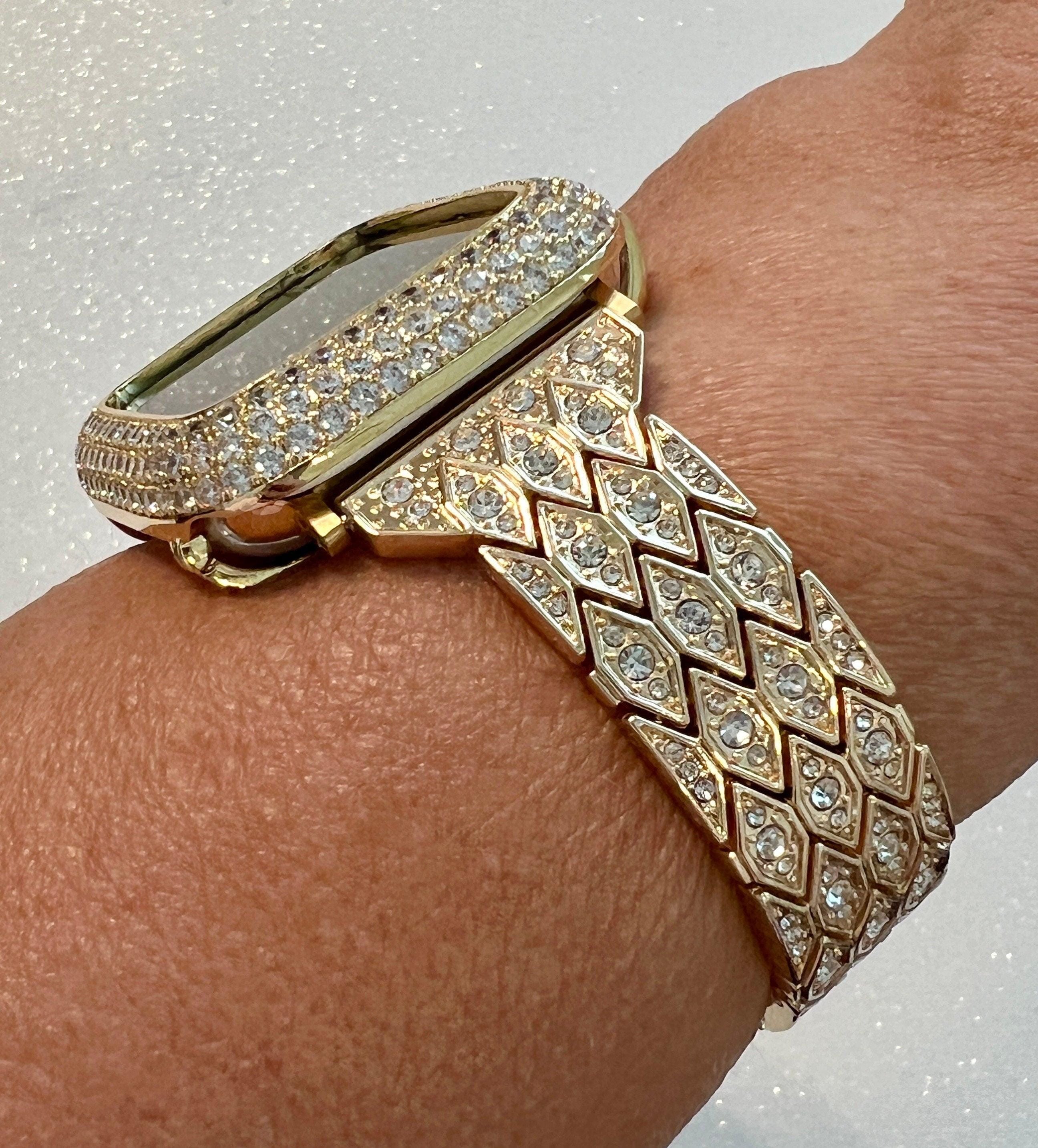 Pave Apple Watch Band Womens Gold Swarovski Crystals 38mm-49mm Ultra & or Apple Watch Cover Lab Diamond Bezel Apple Watch Case Iphone Watch