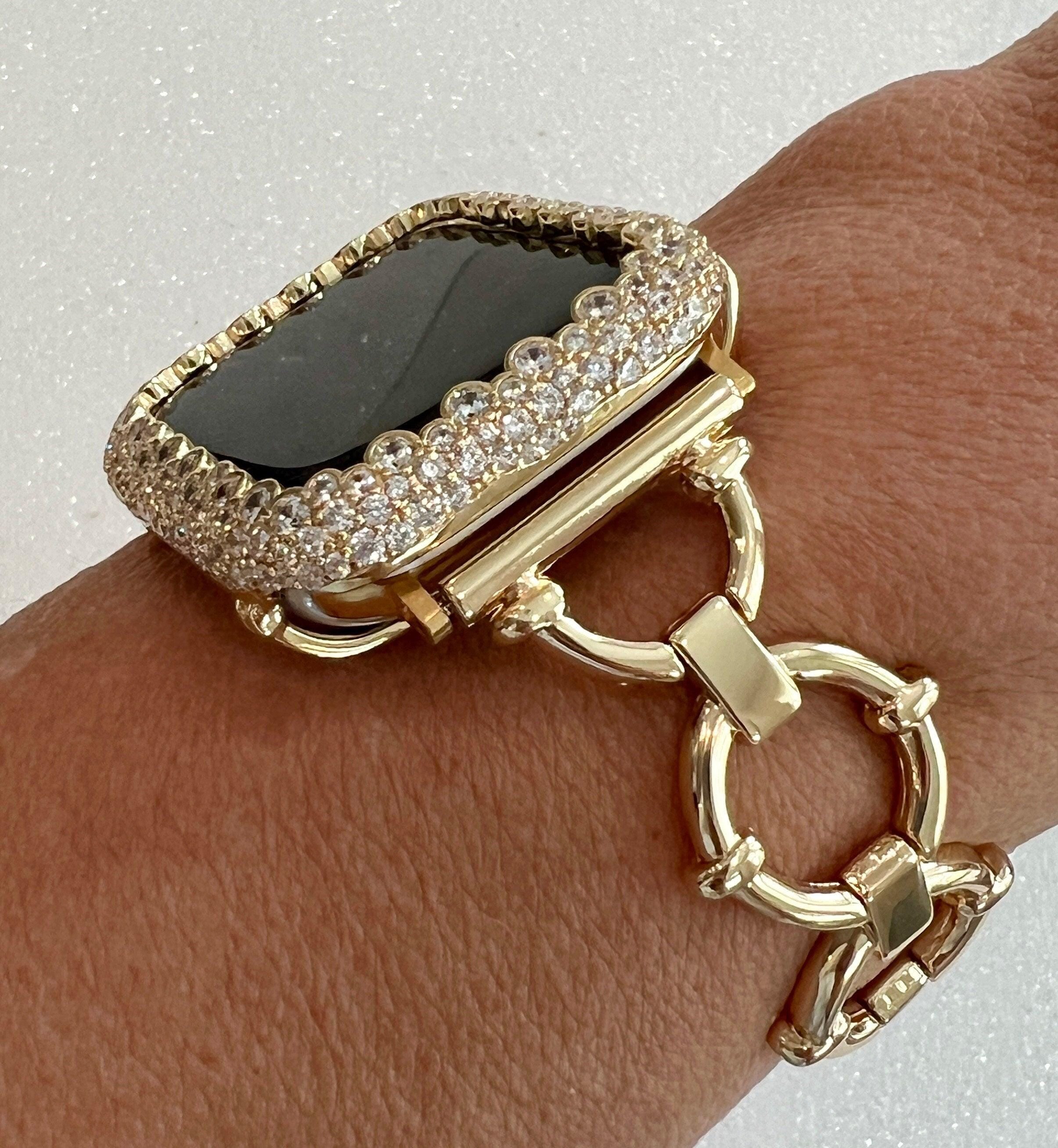 Minimalist Gold Apple Watch Band Womens Bracelet 38mm-49mm Ultra, Iwatch Phone band & or Apple Watch Case Lab Diamond Bezel Cover Gift