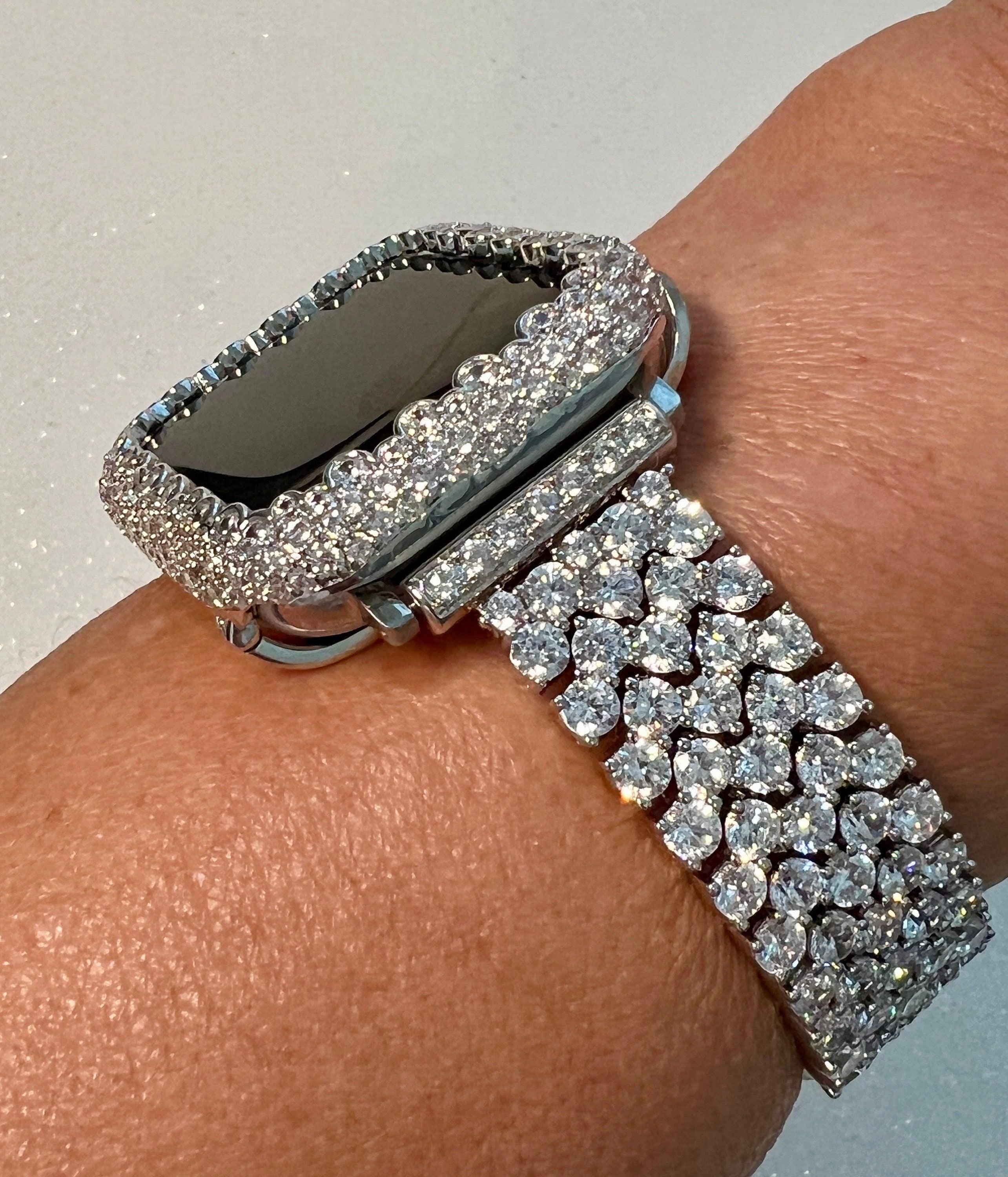 Iced Designer Apple Watch Band Womens Silver Bracelet & or Apple Watch Case Lab Diamond Bezel Iphone Watch Cover Iwatch Candy Bling