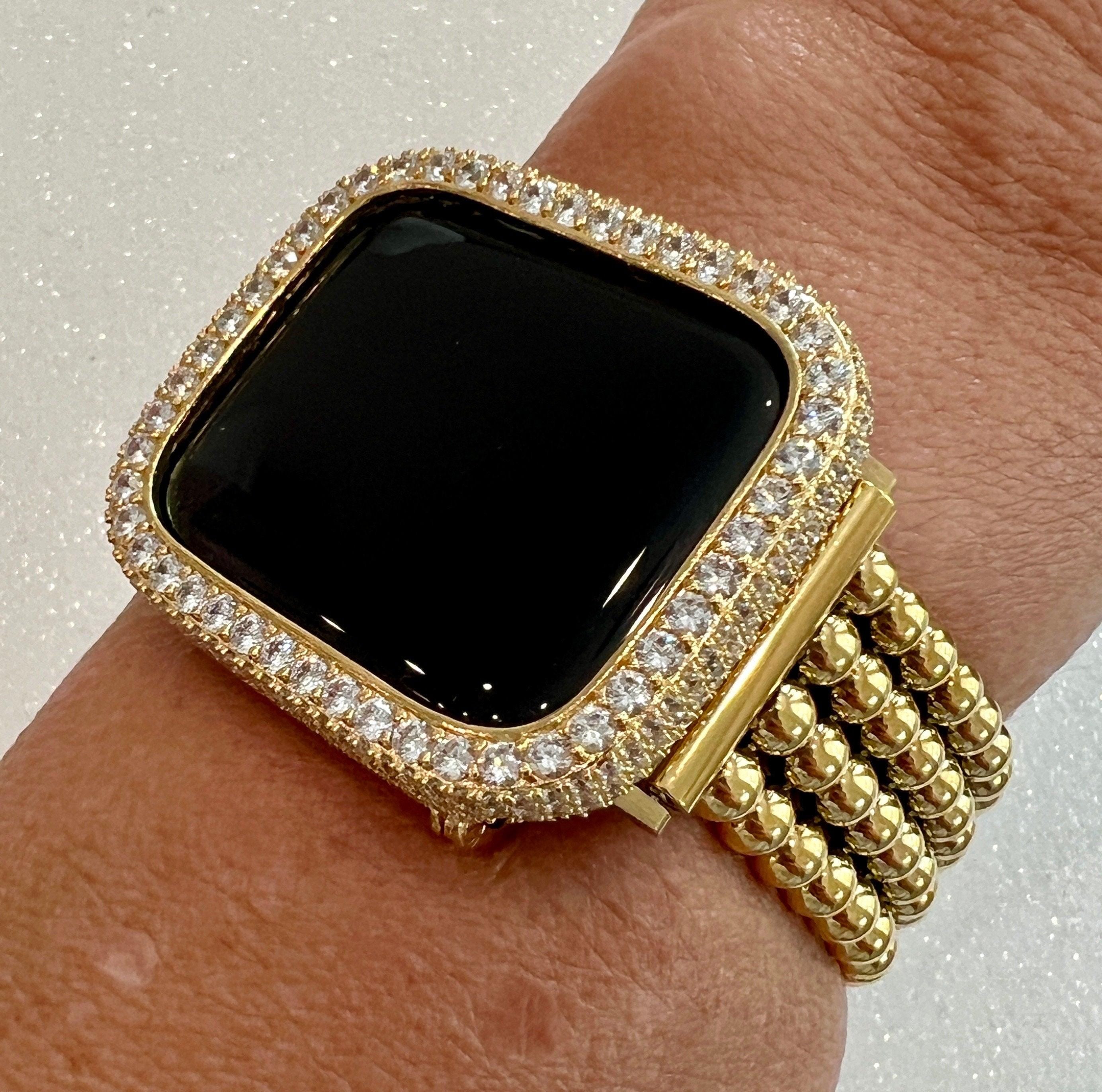 Gold Apple Watch Band Women Four Row Beaded 38mm-49mm Ultra, Iwatch Phone band & or Apple Watch Case Lab Diamond Bezel Cover Gift