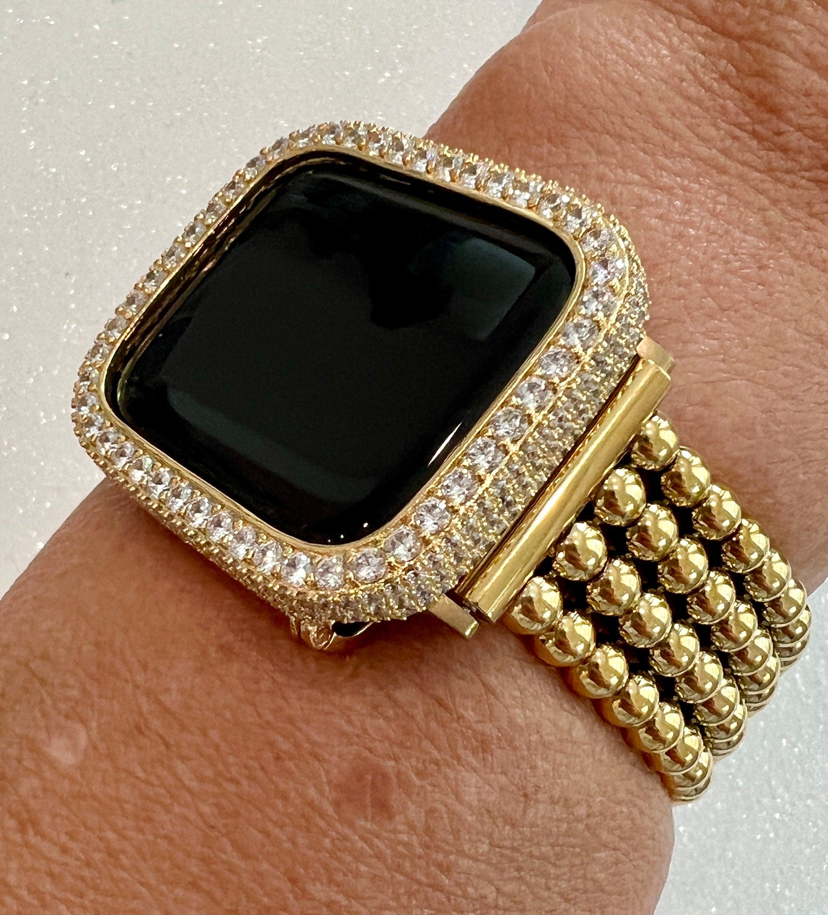 Gold Apple Watch Band Women Four Row Beaded 38mm-49mm Ultra, Iwatch Phone band & or Apple Watch Case Lab Diamond Bezel Cover Gift