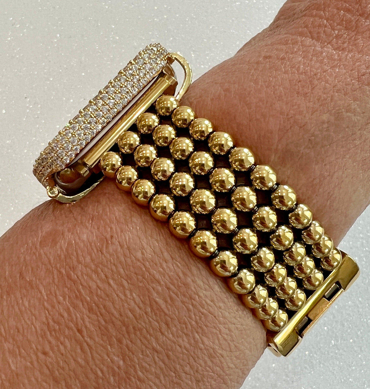 Gold Apple Watch Band Women Four Row Beaded 38mm-49mm Ultra, Iwatch Phone band & or Apple Watch Case Lab Diamond Bezel Cover Gift