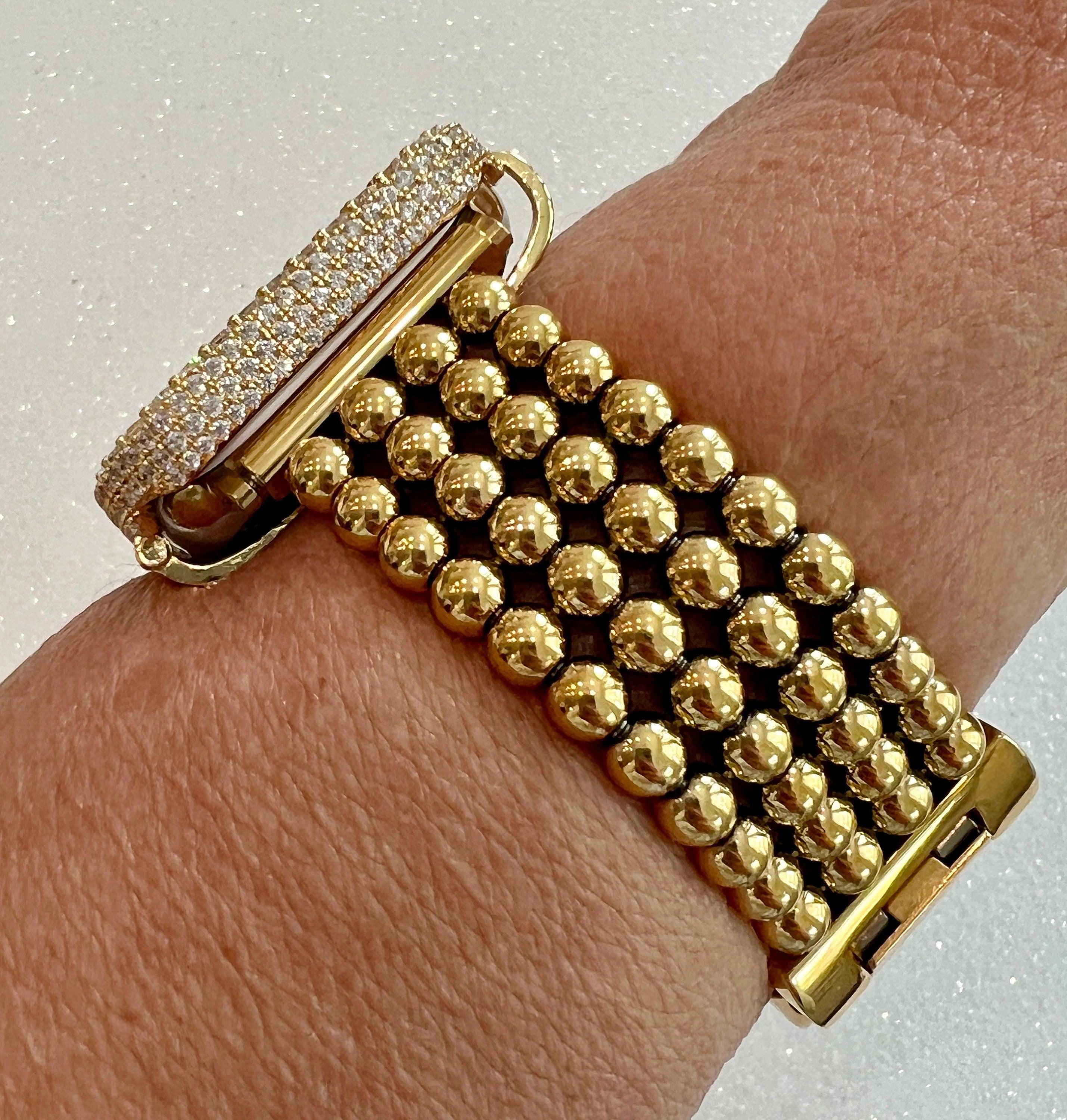 Gold Apple Watch Band Women Four Row Beaded 38mm-49mm Ultra, Iwatch Phone band & or Apple Watch Case Lab Diamond Bezel Cover Gift