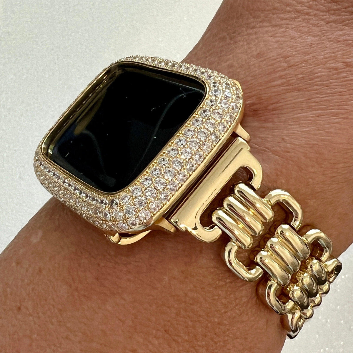 Minimalist Gold Designer Apple Watch Band Link Bracelet, Iphone Watch Band & or Apple Watch Case Baguette Lab Diamonds Iwatch Phone Cover