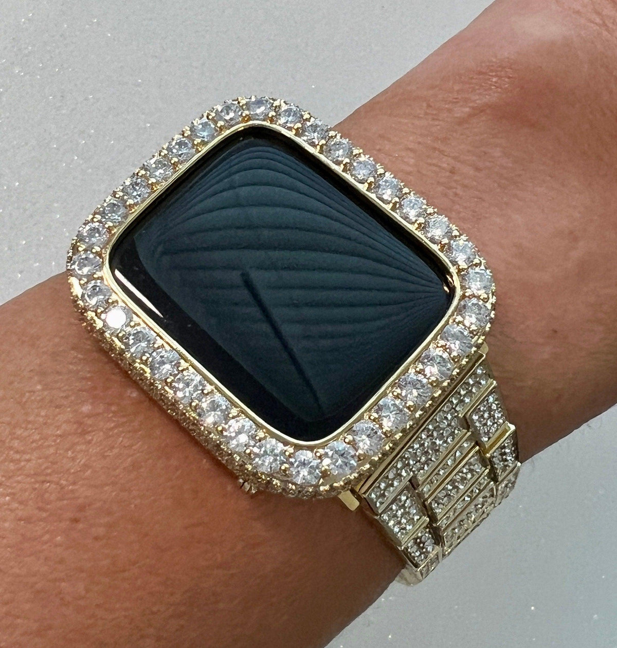 Mens Apple Watch Band Women Gold Pave Crystals & or Apple Watch Cover 3.5mm Lab Diamond Bezel Smartwatch Bumper Case Iwatch Candy