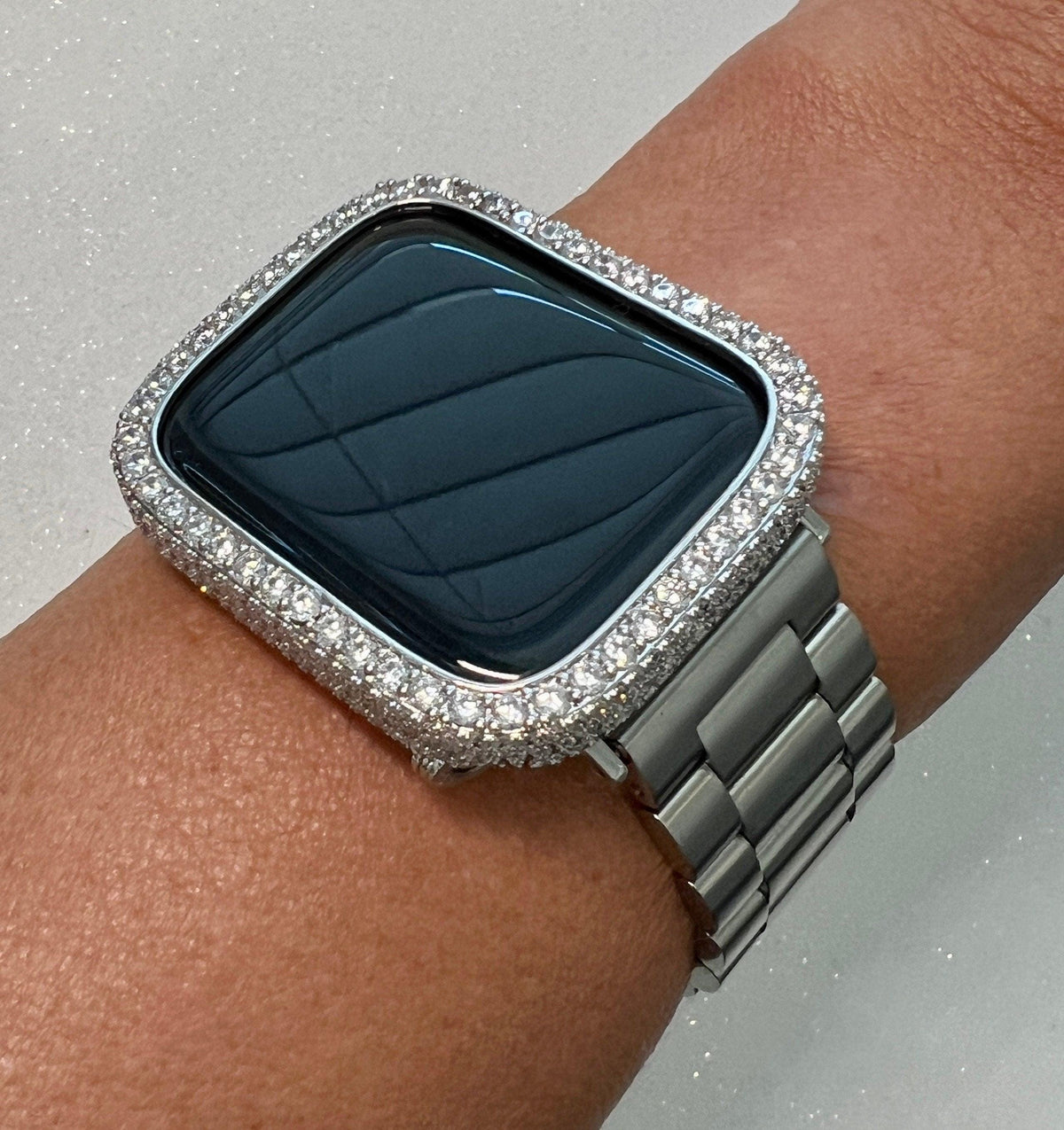 49mm Ultra Apple Watch Band Silver Stainless Steel & or Apple Watch Case 2.5mm Lab Diamond Bezel Cover 38mm-45mm Iwatch Candy Bling Series 9