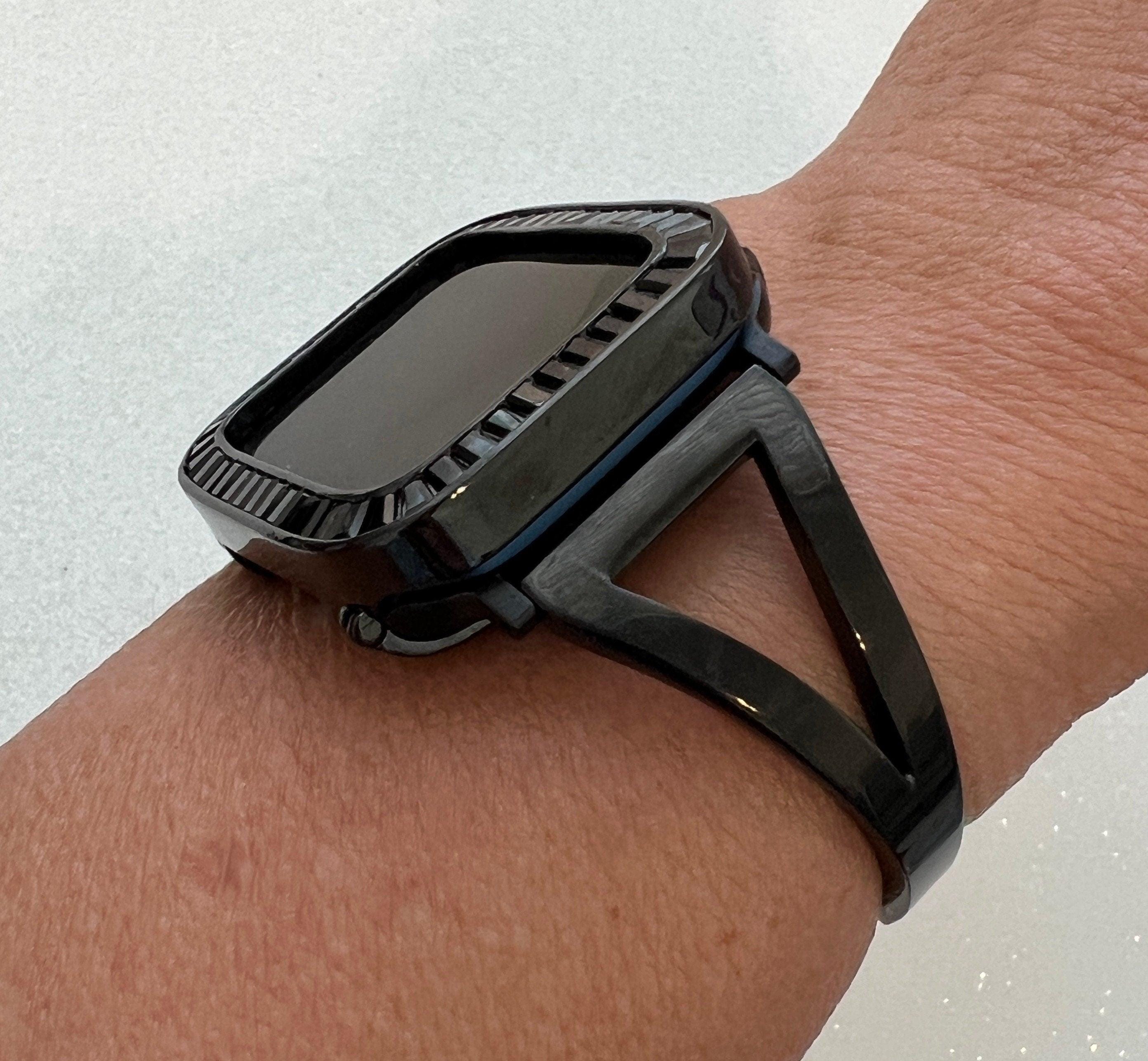 Sleek Black Apple Watch Band Bangle Bracelet Womens & or Custom Apple Watch Case Large Baguette Lab Diamonds Apple Watch Cover Iwatch Candy