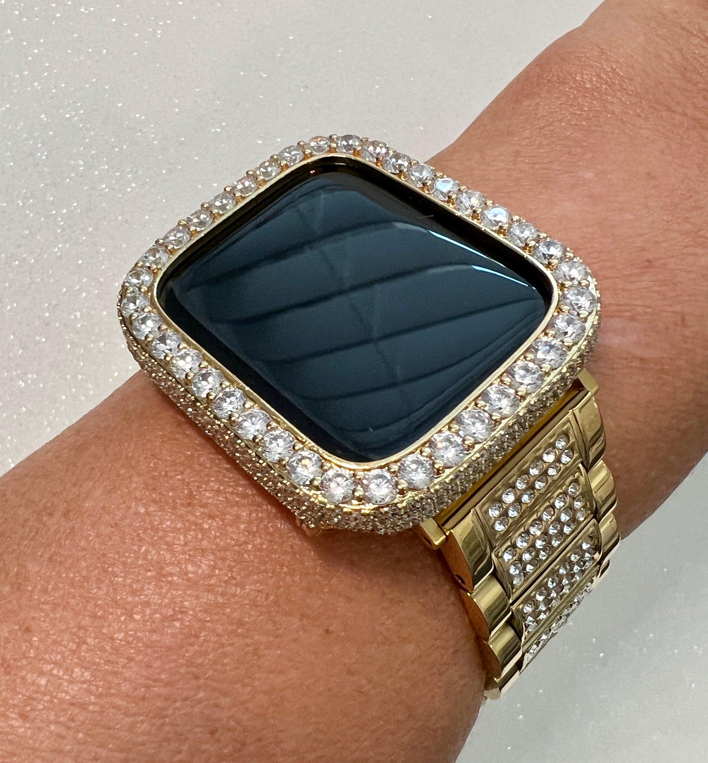 Gold Apple Watch Band Mens Women Stainless Steel Swarovski Crystal & or Apple Watch Cover Large 3.5mm Lab Diamond Iphone Watch Face
