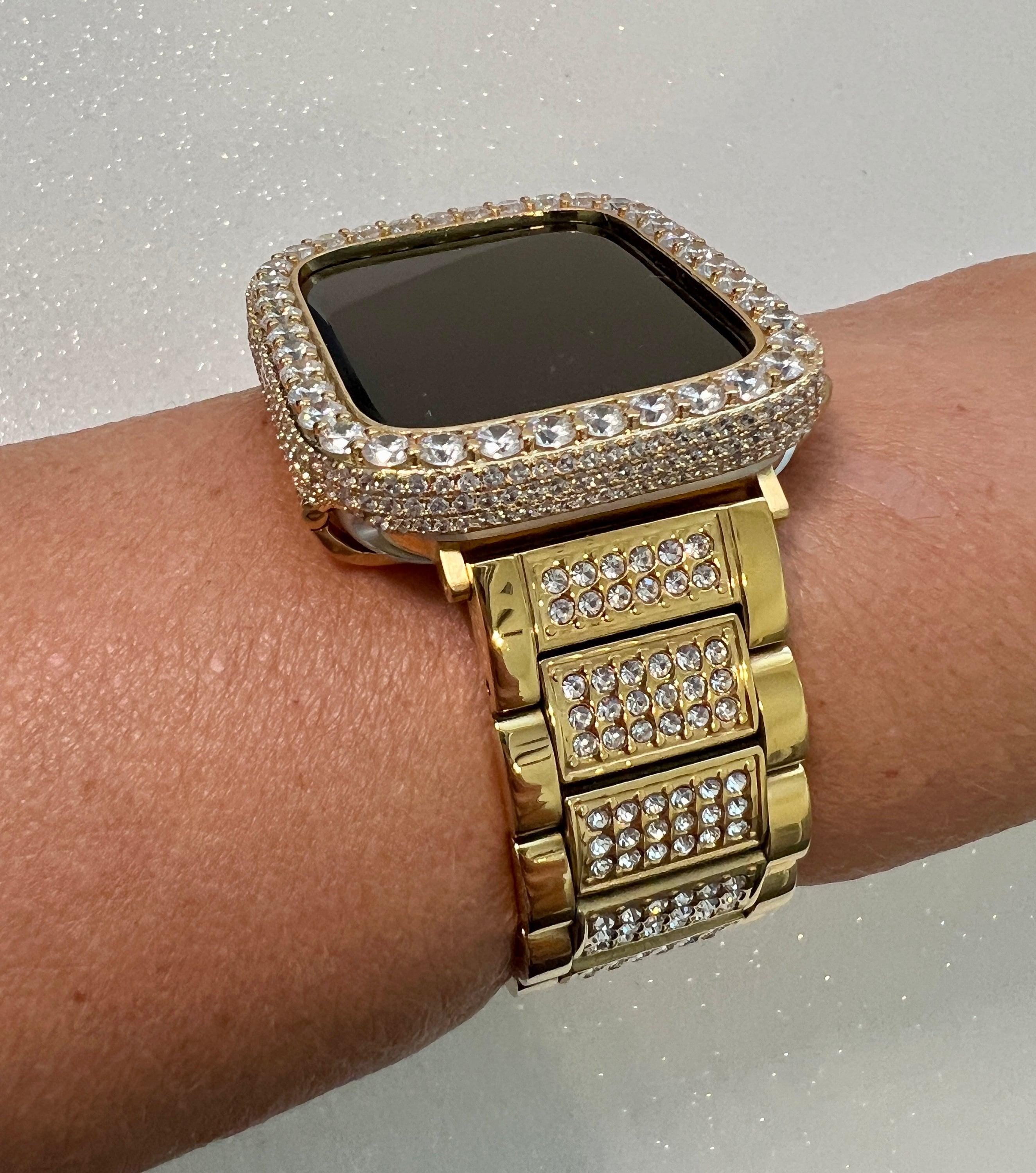 Gold Apple Watch Band Mens Women Stainless Steel Swarovski Crystal & or Apple Watch Cover Large 3.5mm Lab Diamond Iphone Watch Face
