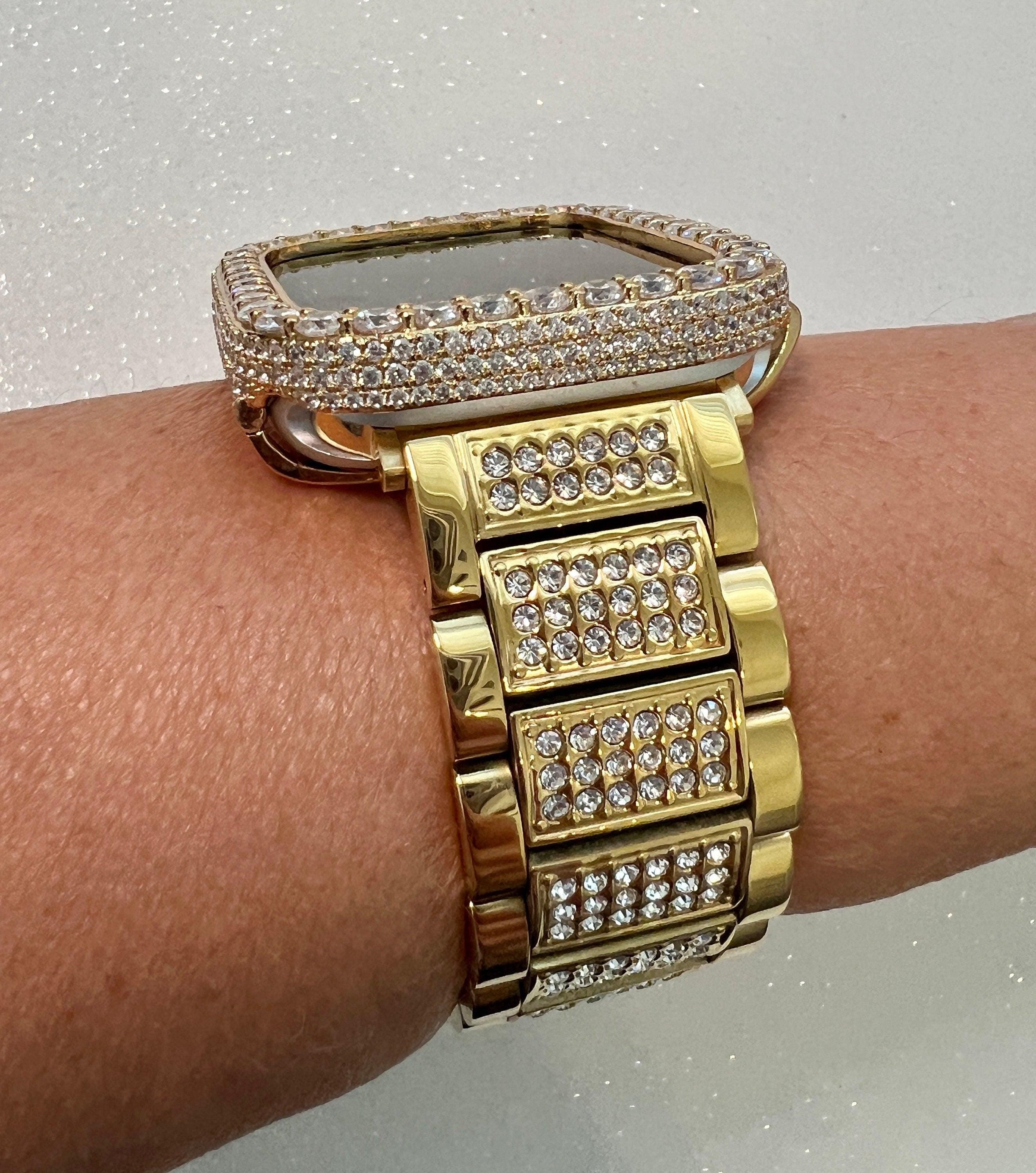 Gold Apple Watch Band Mens Women Stainless Steel Swarovski Crystal & or Apple Watch Cover Large 3.5mm Lab Diamond Iphone Watch Face