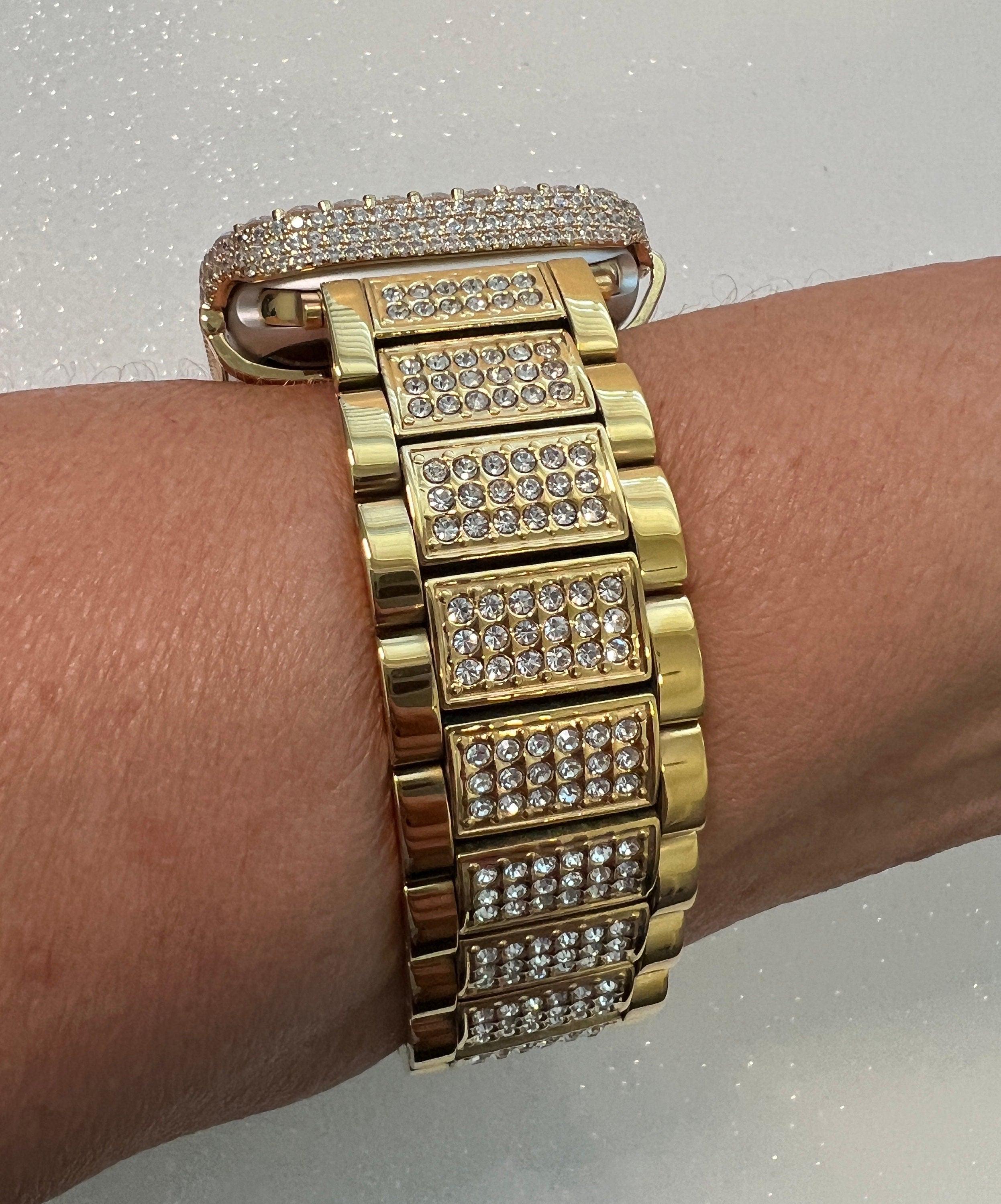 Gold Apple Watch Band Mens Women Stainless Steel Swarovski Crystal & or Apple Watch Cover Large 3.5mm Lab Diamond Iphone Watch Face