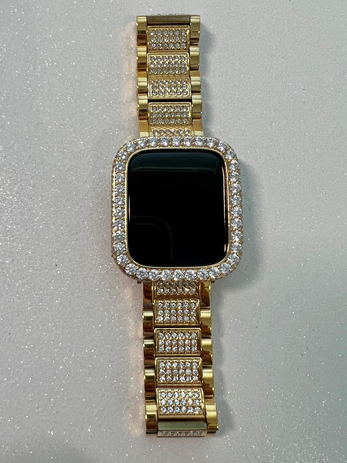 Gold Apple Watch Band Mens Women Stainless Steel Swarovski Crystal & or Apple Watch Cover Large 3.5mm Lab Diamond Iphone Watch Face